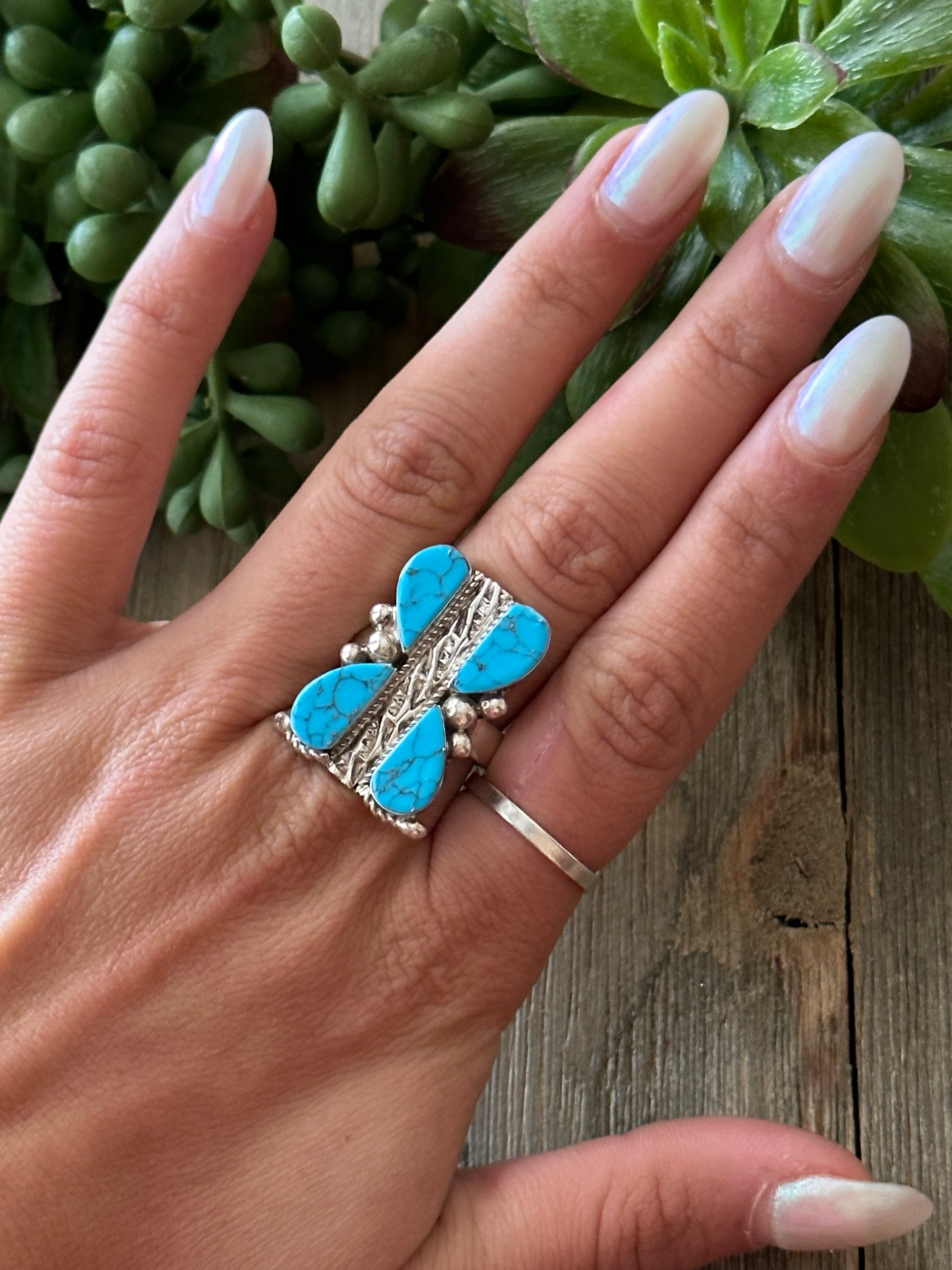 AJ Gilmore Kingman Turquoise & Sterling Silver Inlay Ring Size 9.25