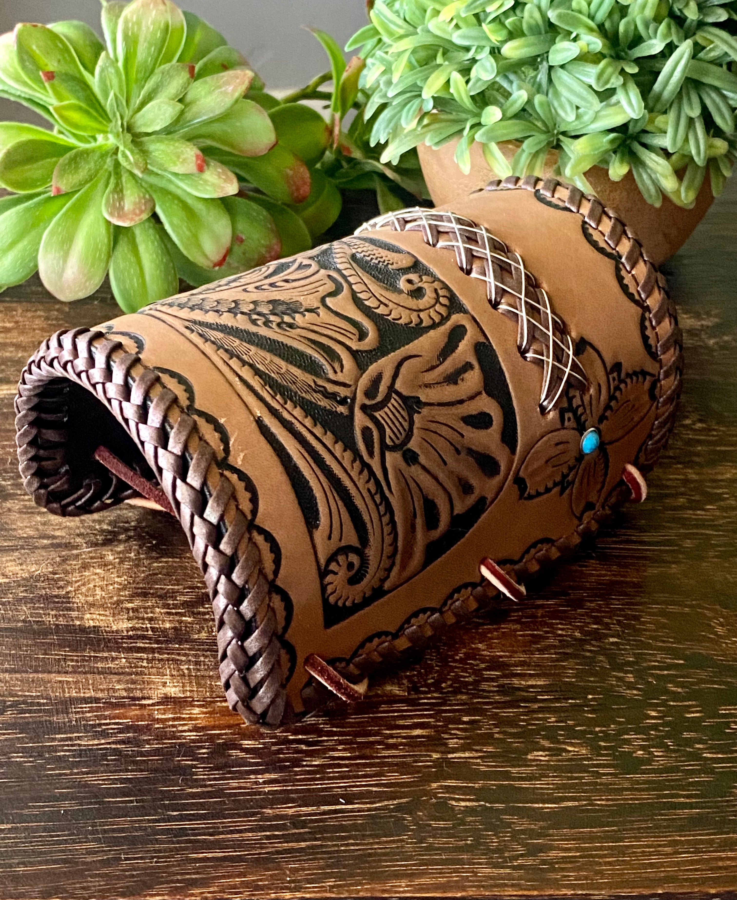 Navajo Made Kingman Turquoise & Sterling Silver Leather Bow Guard Bracelet