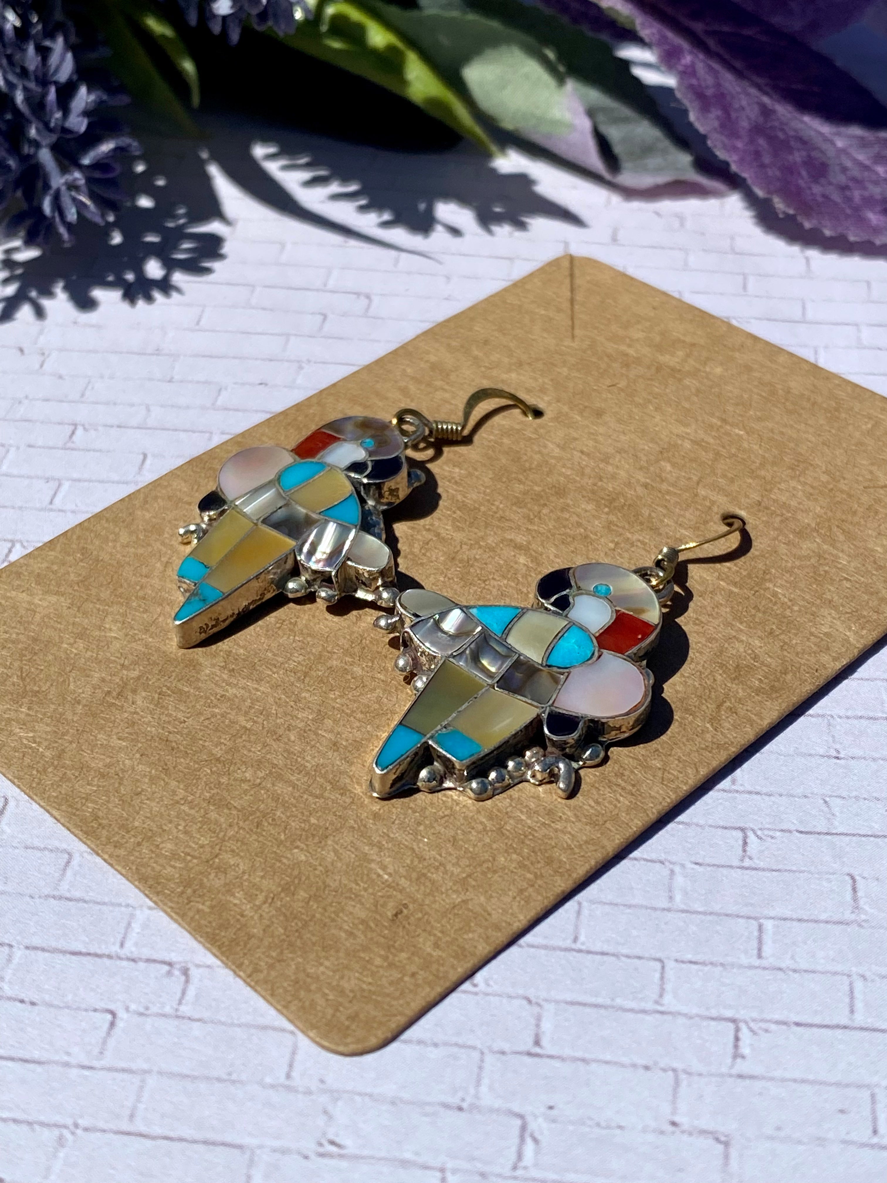 Zuni Made Multi Stone & Sterling Silver Inlay Parrot Dangle Earrings