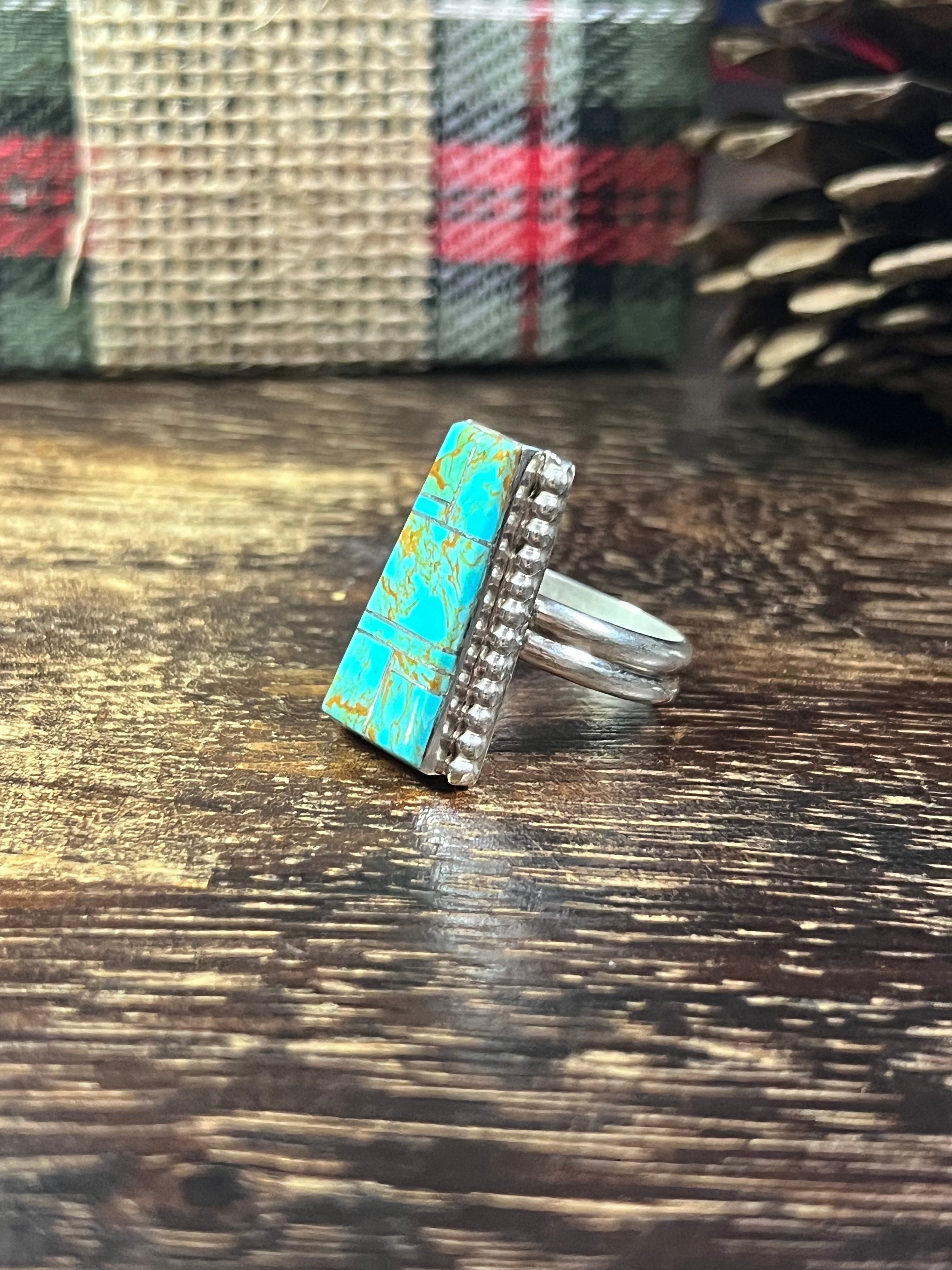 Wilbert Grey #8 Turquoise & Sterling Silver Inlay Ring Size 9.25