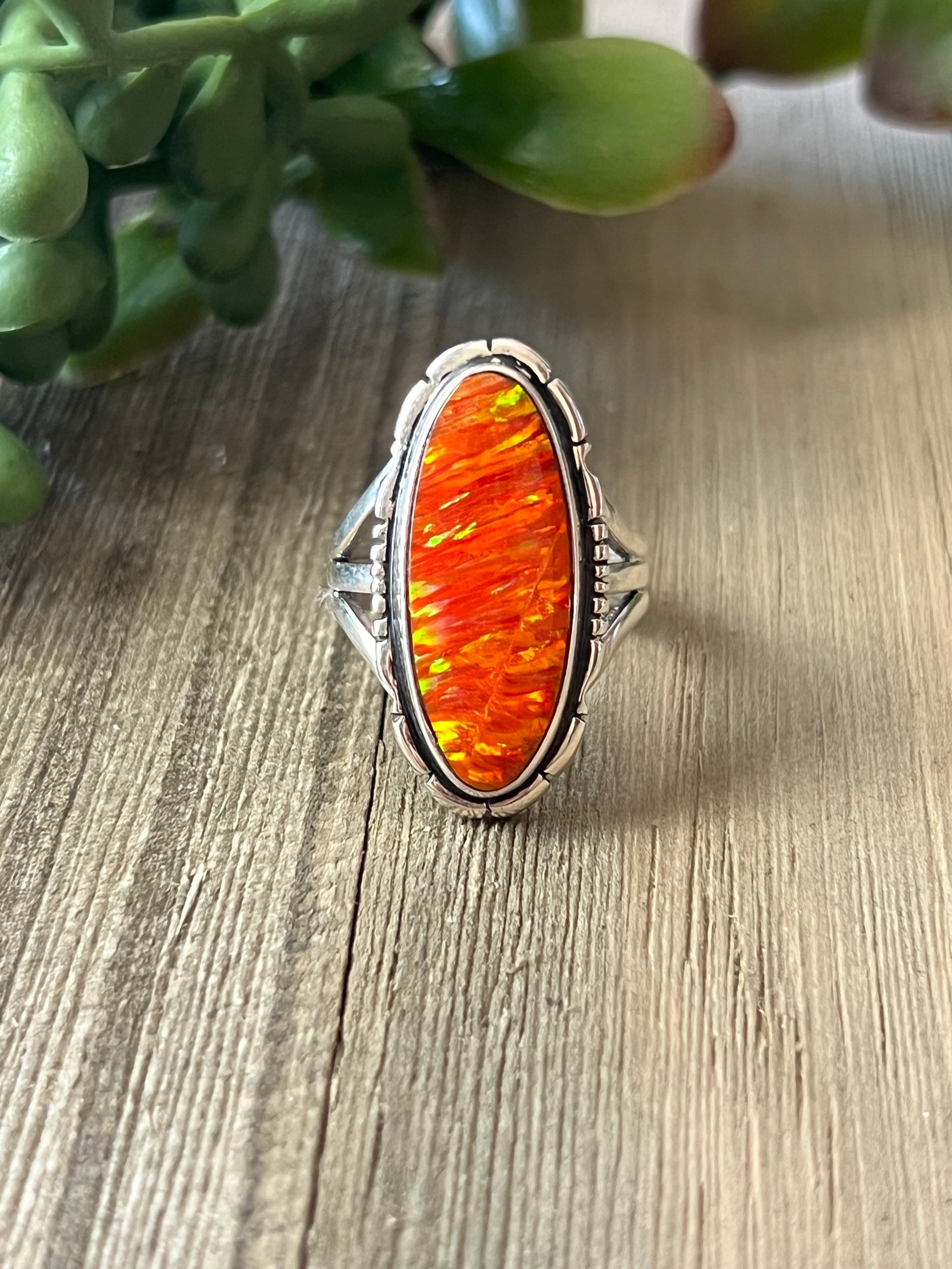 Navajo Made Orange Opal (Man Made) & Sterling Silver Ring Size 9