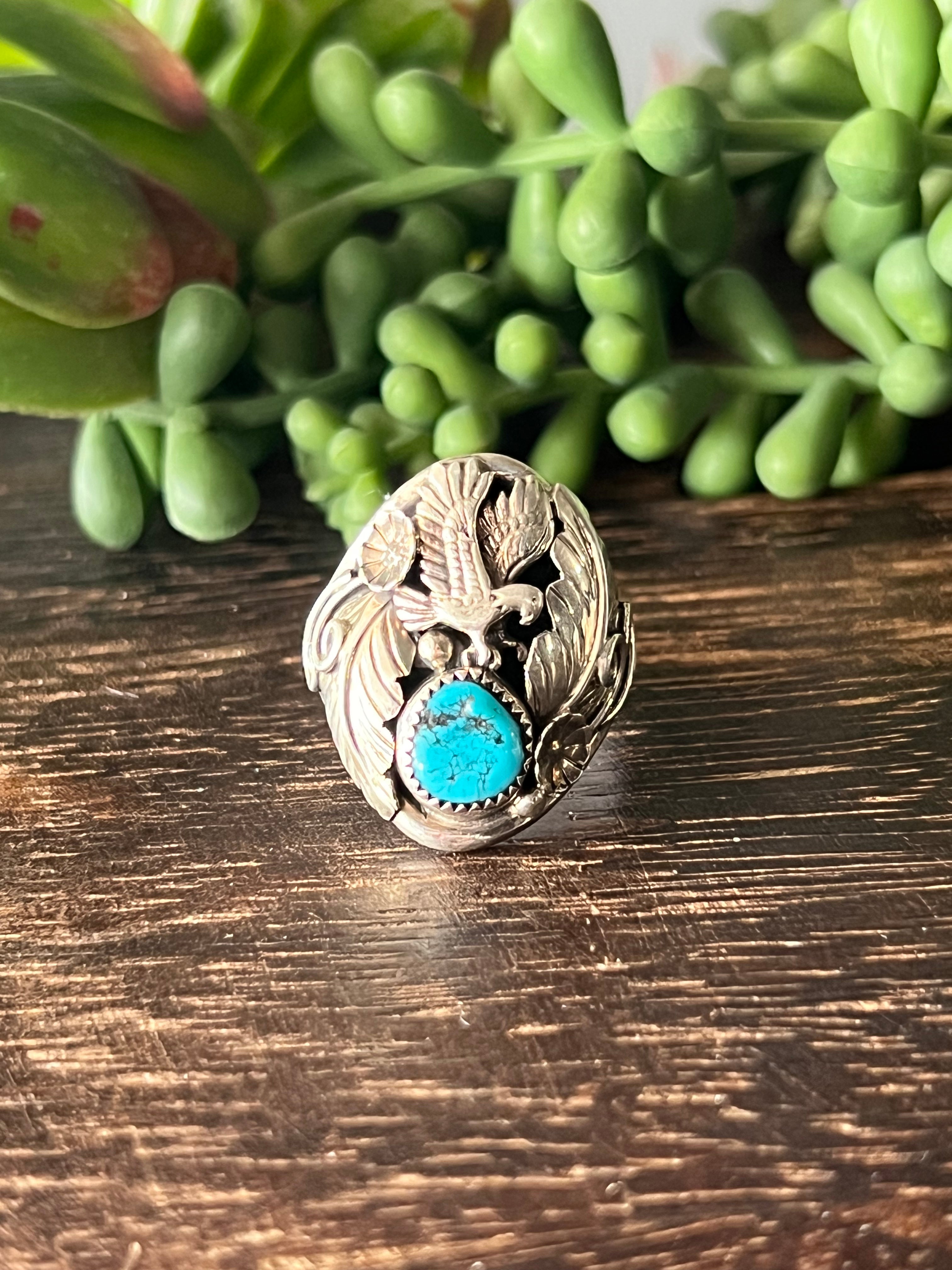 Tricia Leekety Kingman Turquoise & Sterling Silver Ring Size 10.75