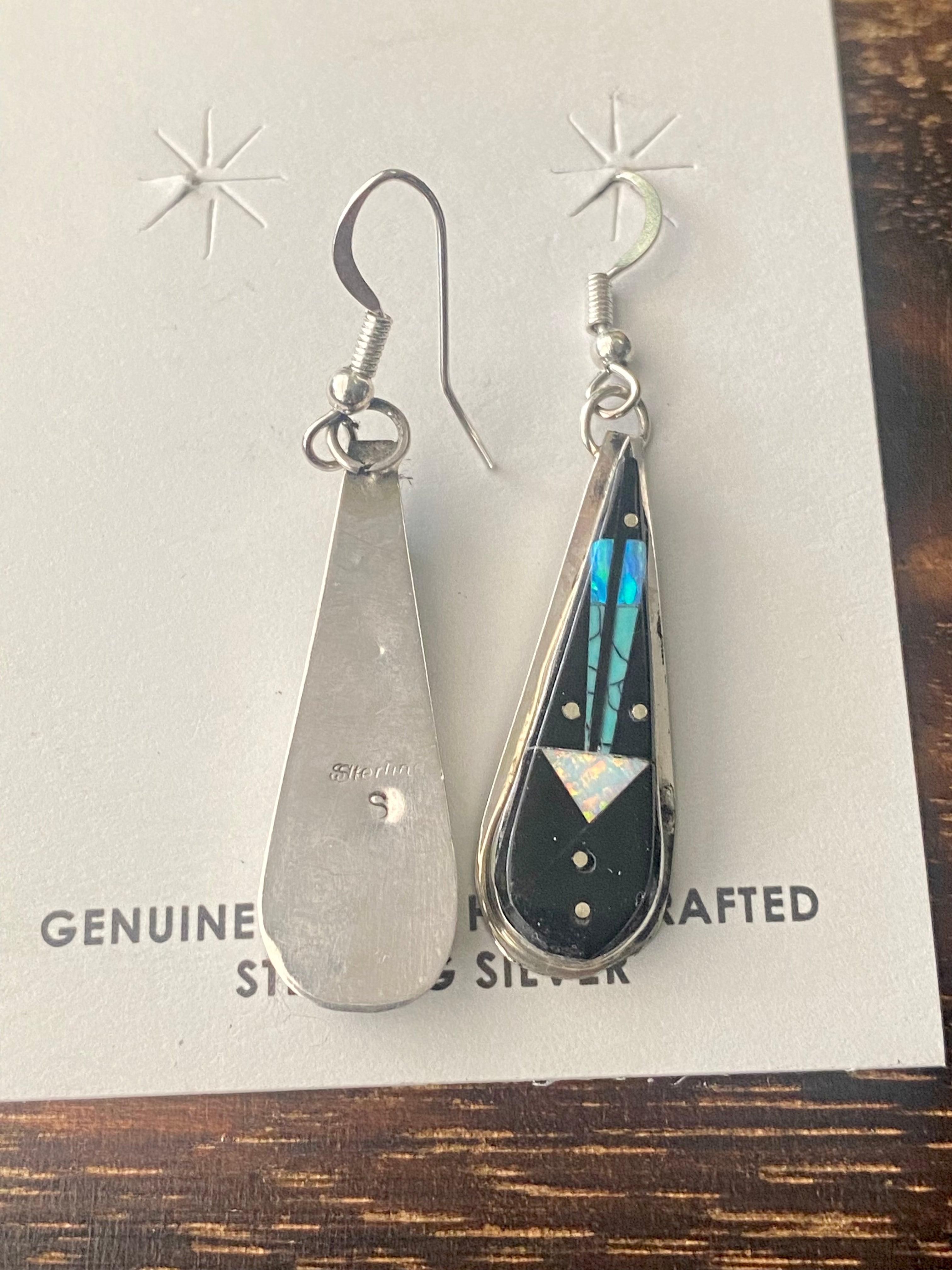 Gilbert Smith Multi Stone & Sterling Silver Inlay Dangle Earrings