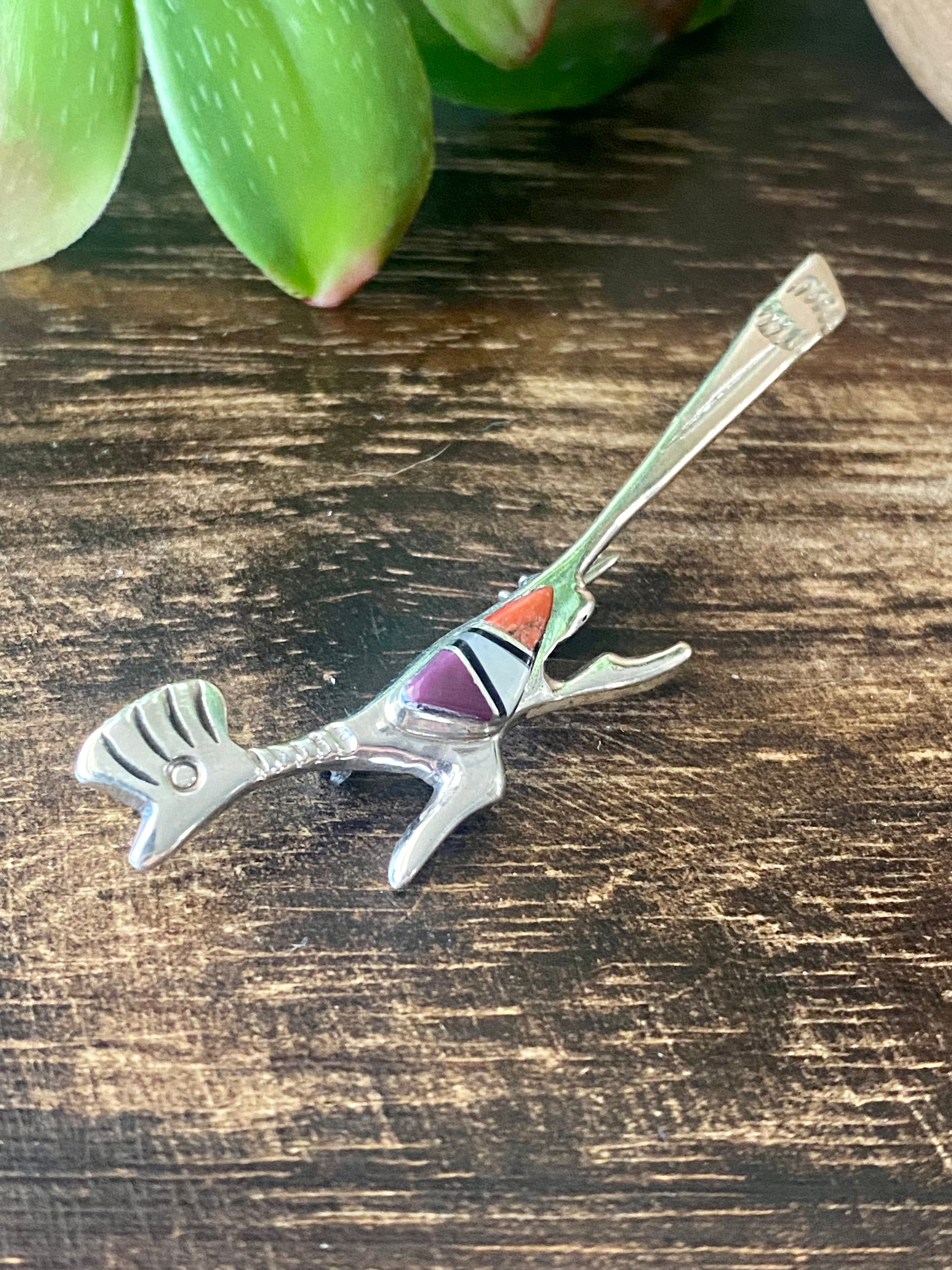 Navajo Made Multi Stone & Sterling Silver Inlay Roadrunner Pin