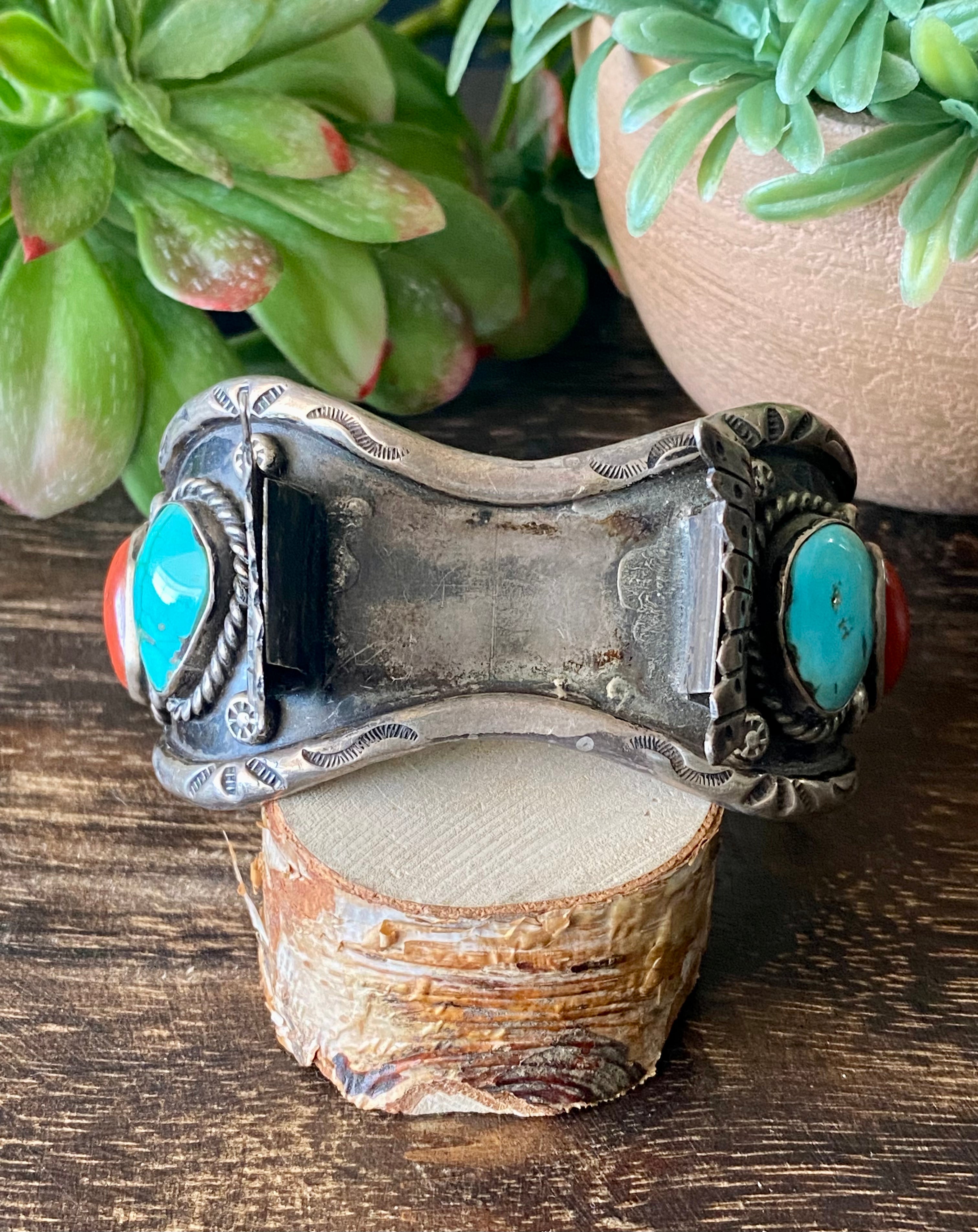 Vintage Navajo Made Kingman Turquoise & Coral  Sterling Silver Watch Cuff Bracelet