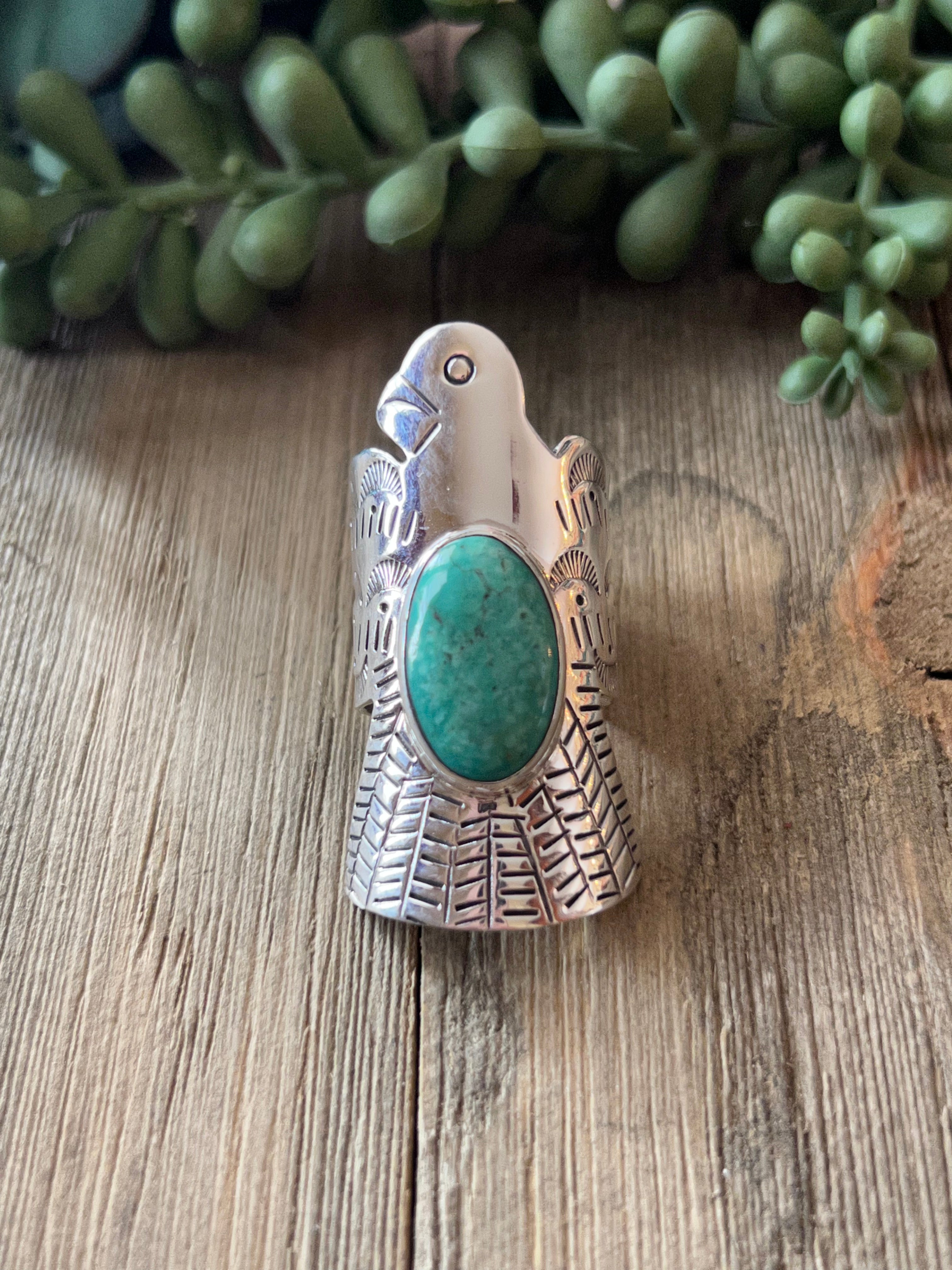Navajo Made Kingman Turquoise & Sterling Silver Thunderbird Ring Size 8.75