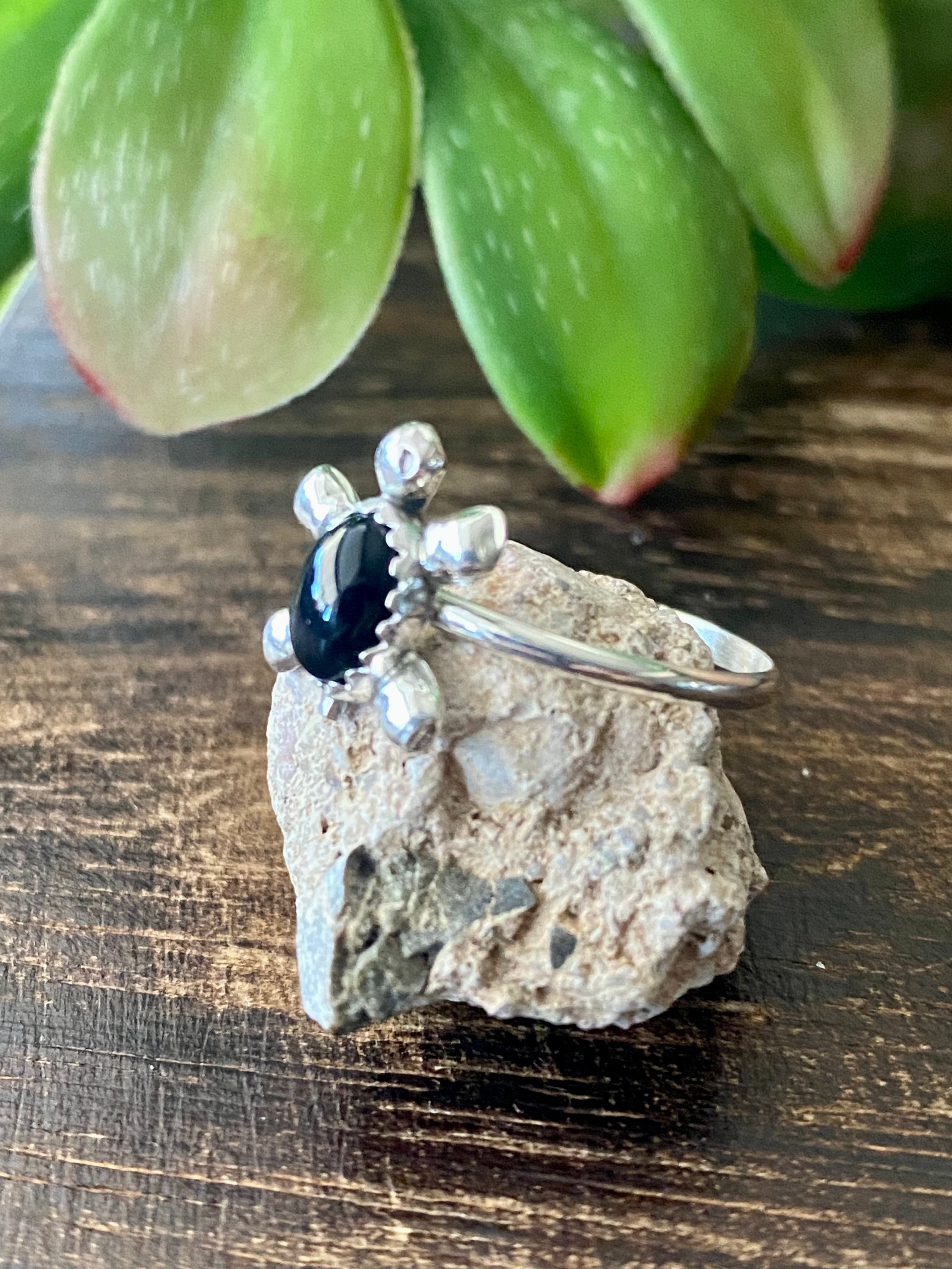 Zuni Made Onyx & Sterling Silver Turtle Ring Size 4.5