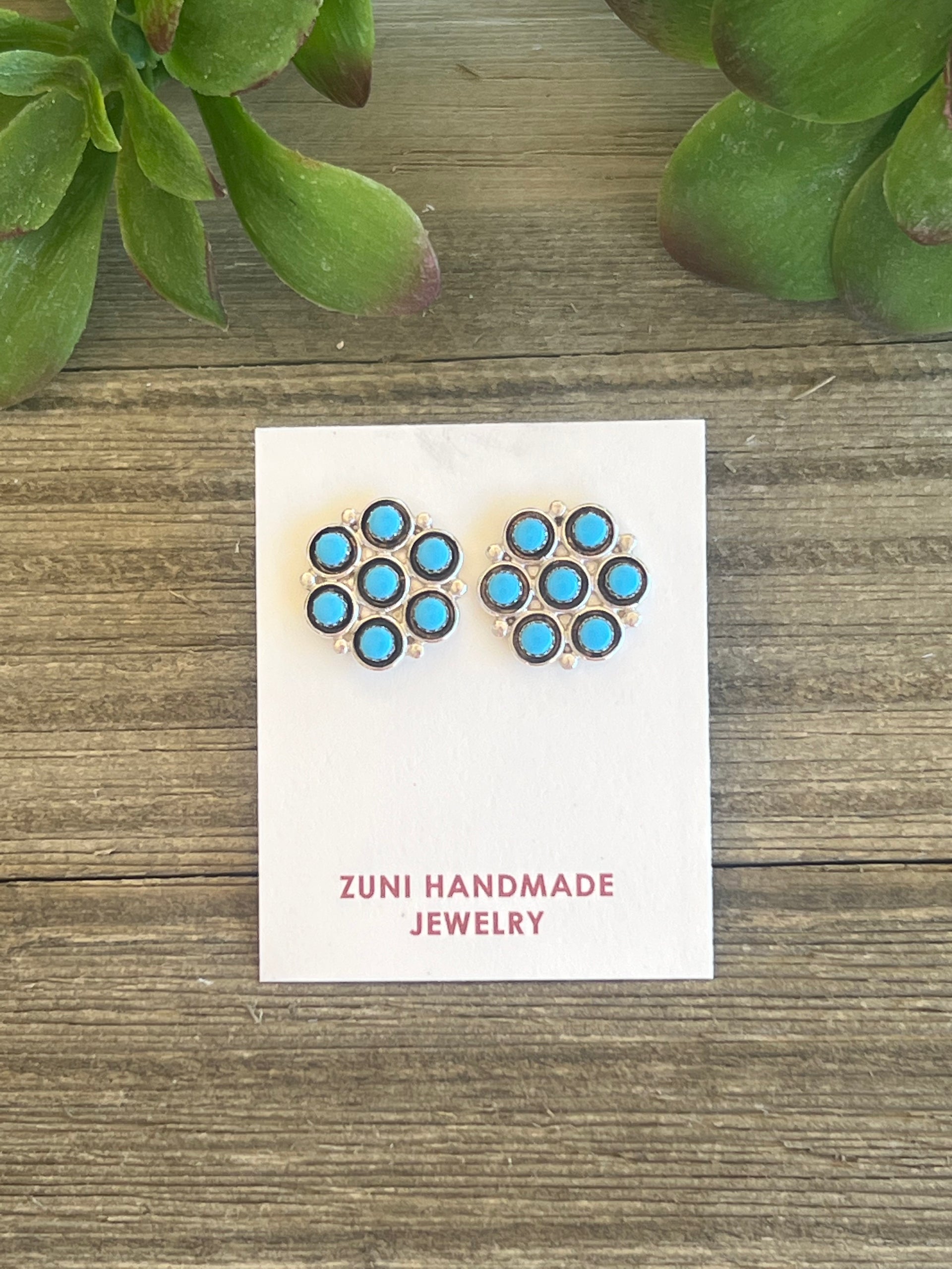 Zuni Made Turquoise & Sterling Silver Pettit Point Post Earrings