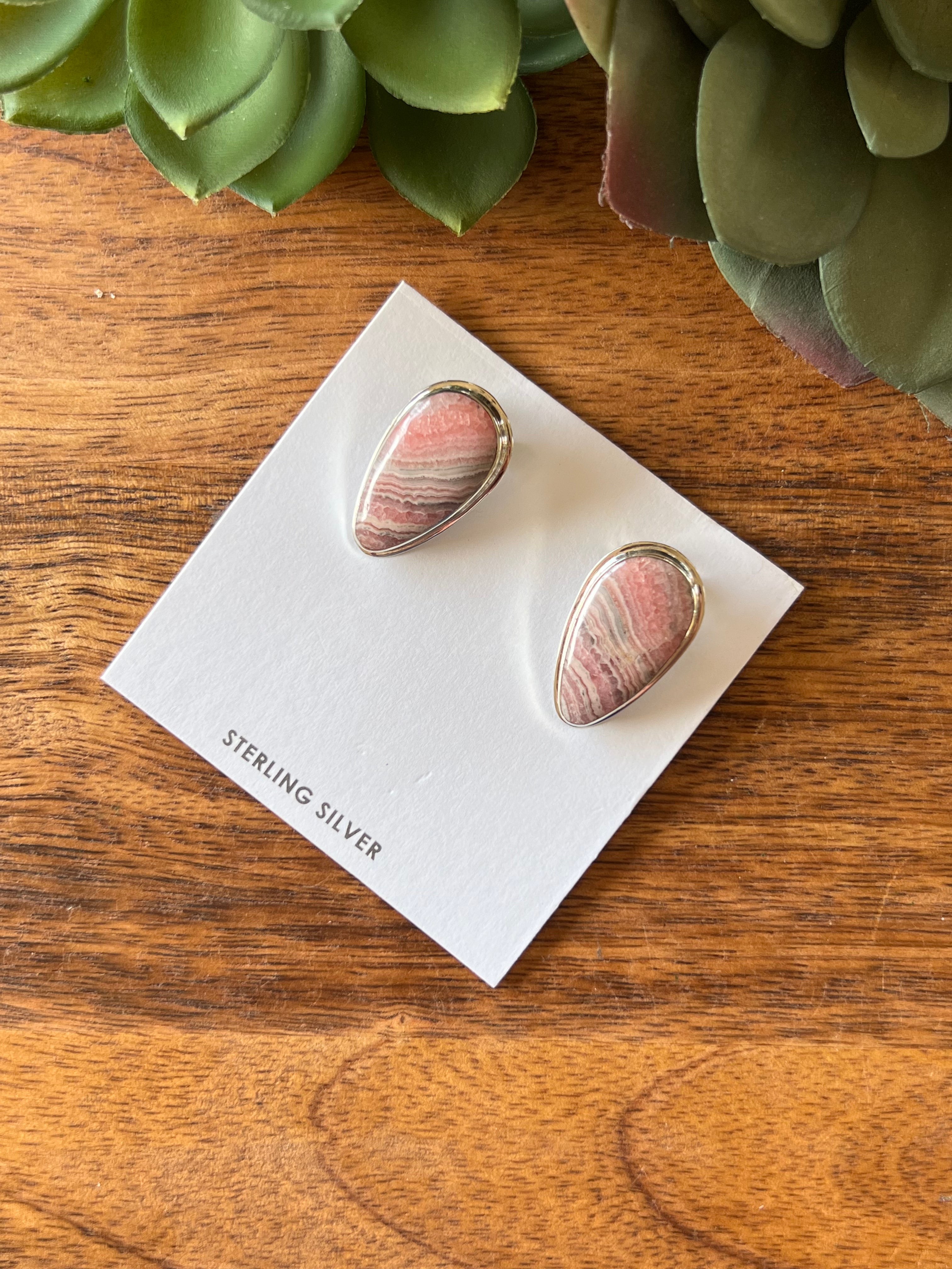 Navajo Made Rhodochrosite  & Sterling Silver Clip On Earrings