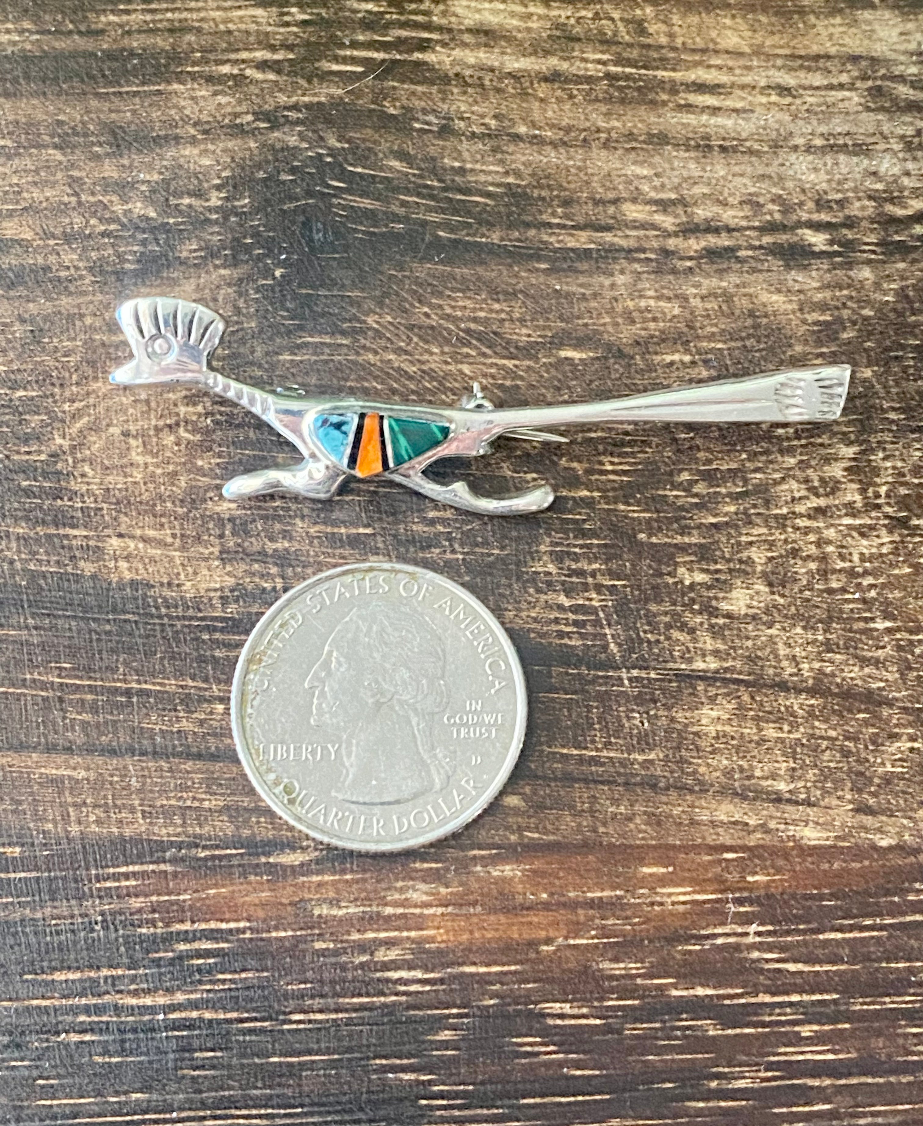 Navajo Made Multi Stone & Sterling Silver Inlay Roadrunner Pin