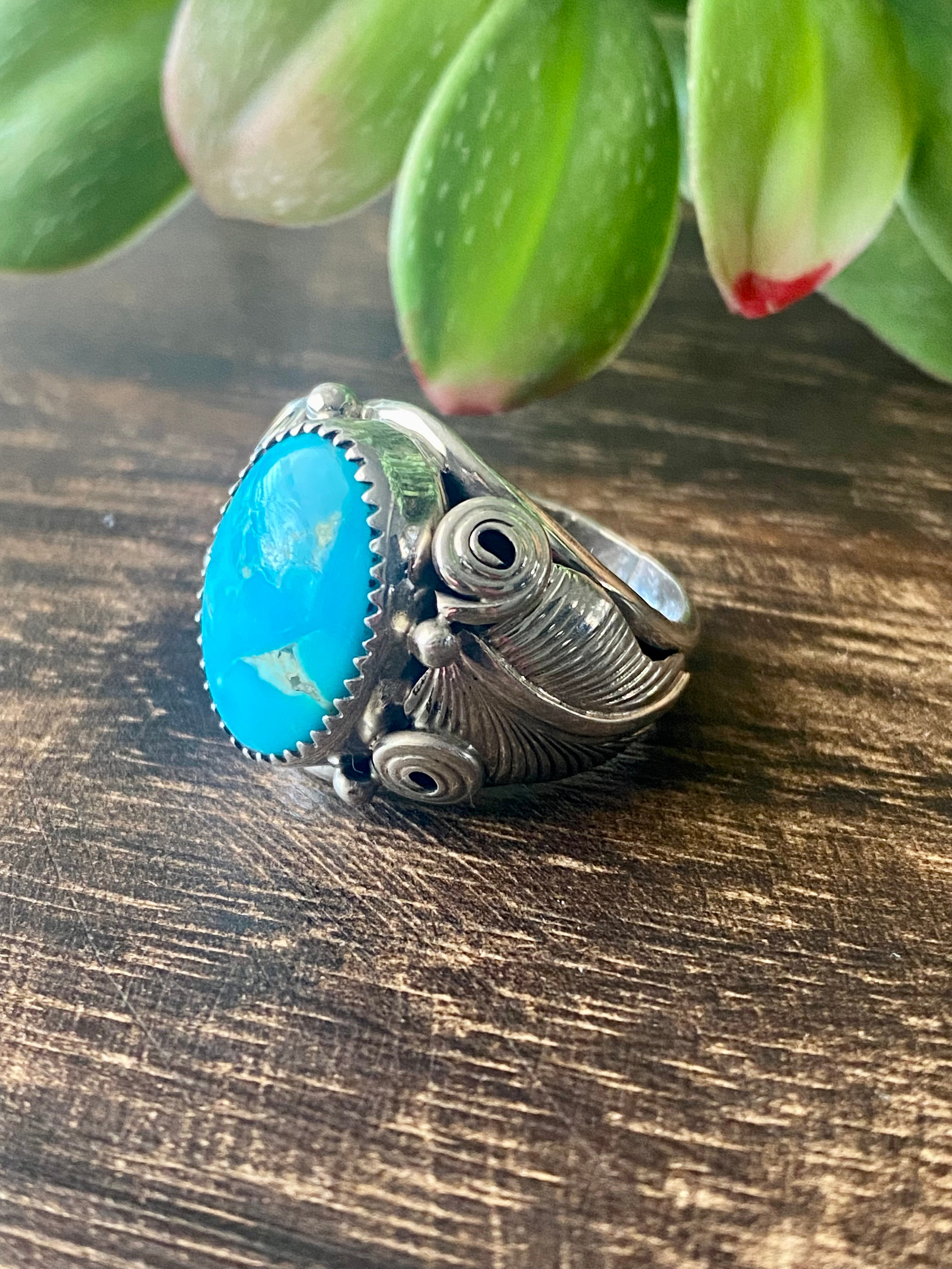 Navajo Made Kingman Turquoise & Sterling Silver Ring Size 9.5