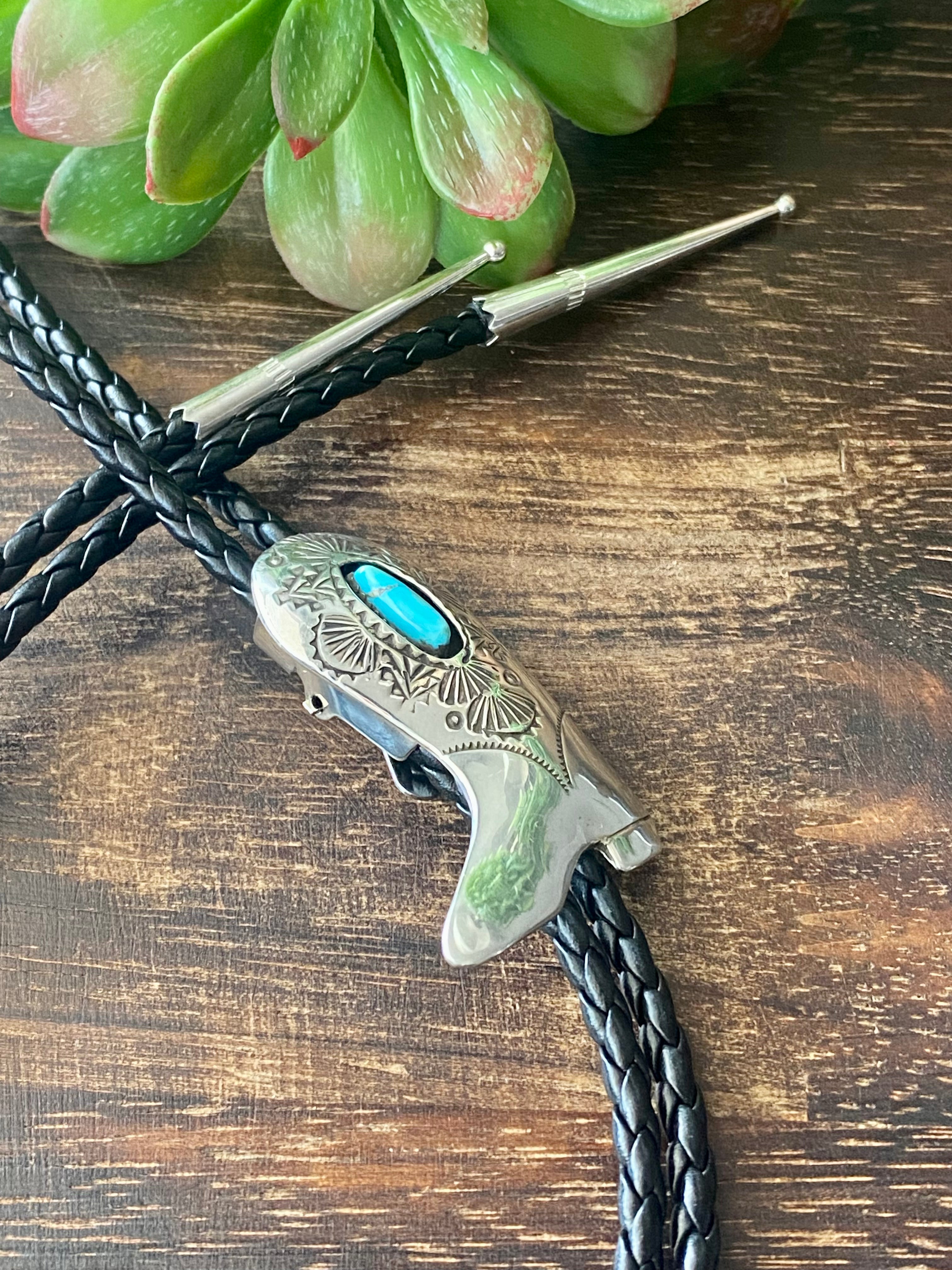 Navajo Made Kingman Turquoise & Sterling Silver Bolo Tie