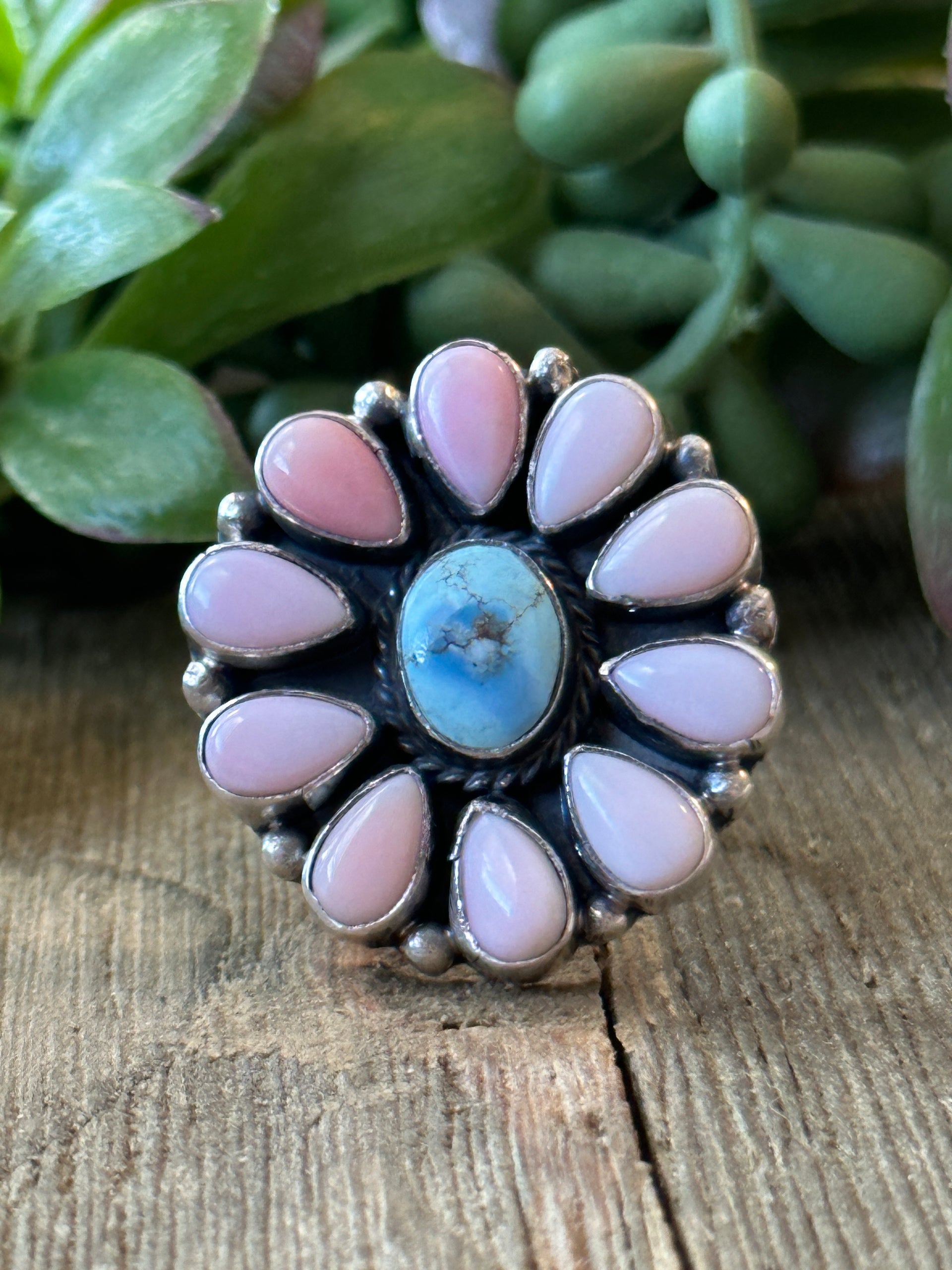 Navajo Made Golden Hill & Pink Conch & Sterling Silver Adjustable Cluster Ring