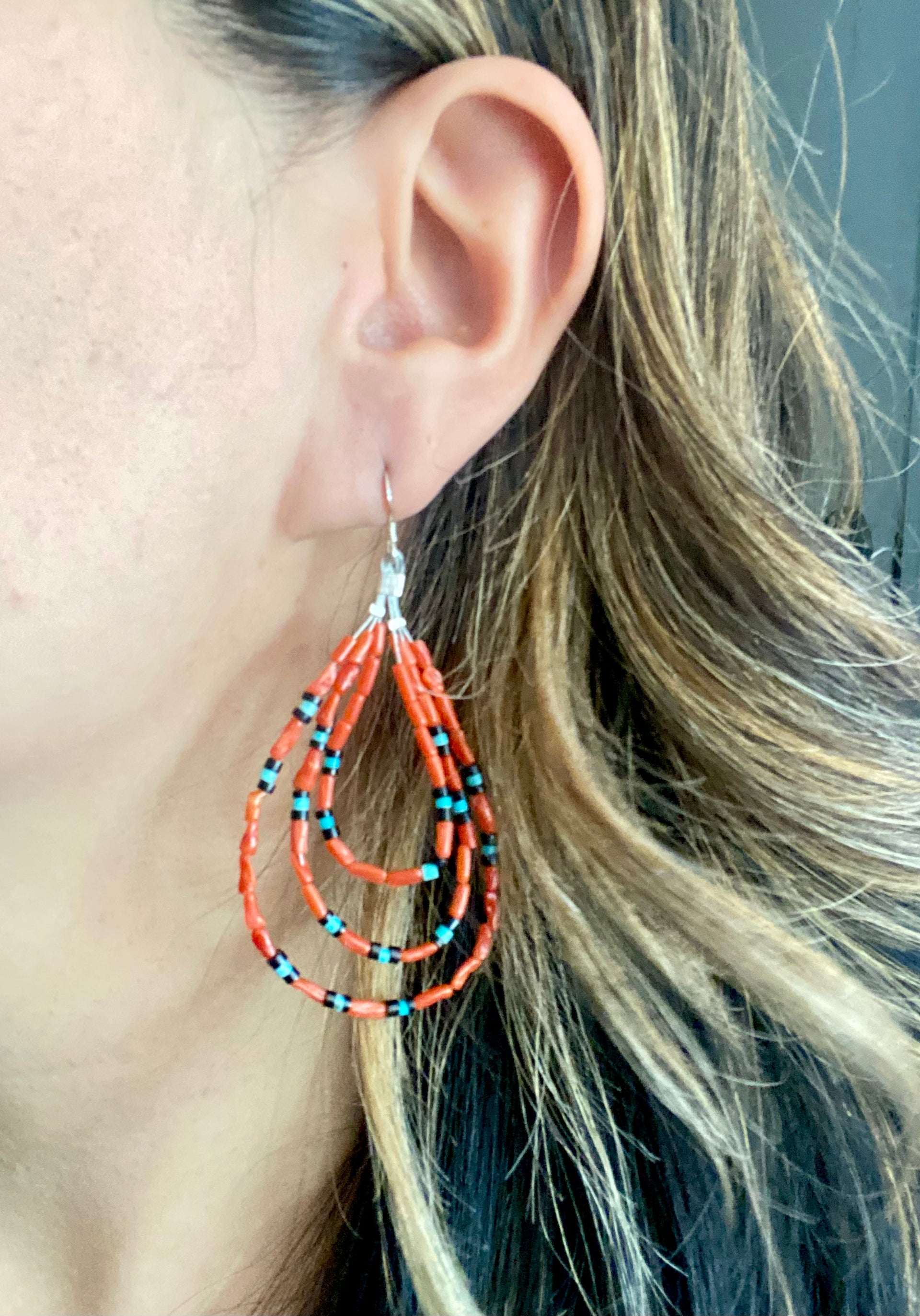 Navajo Made Multi Stone & Sterling Silver Beaded Dangle Earrings