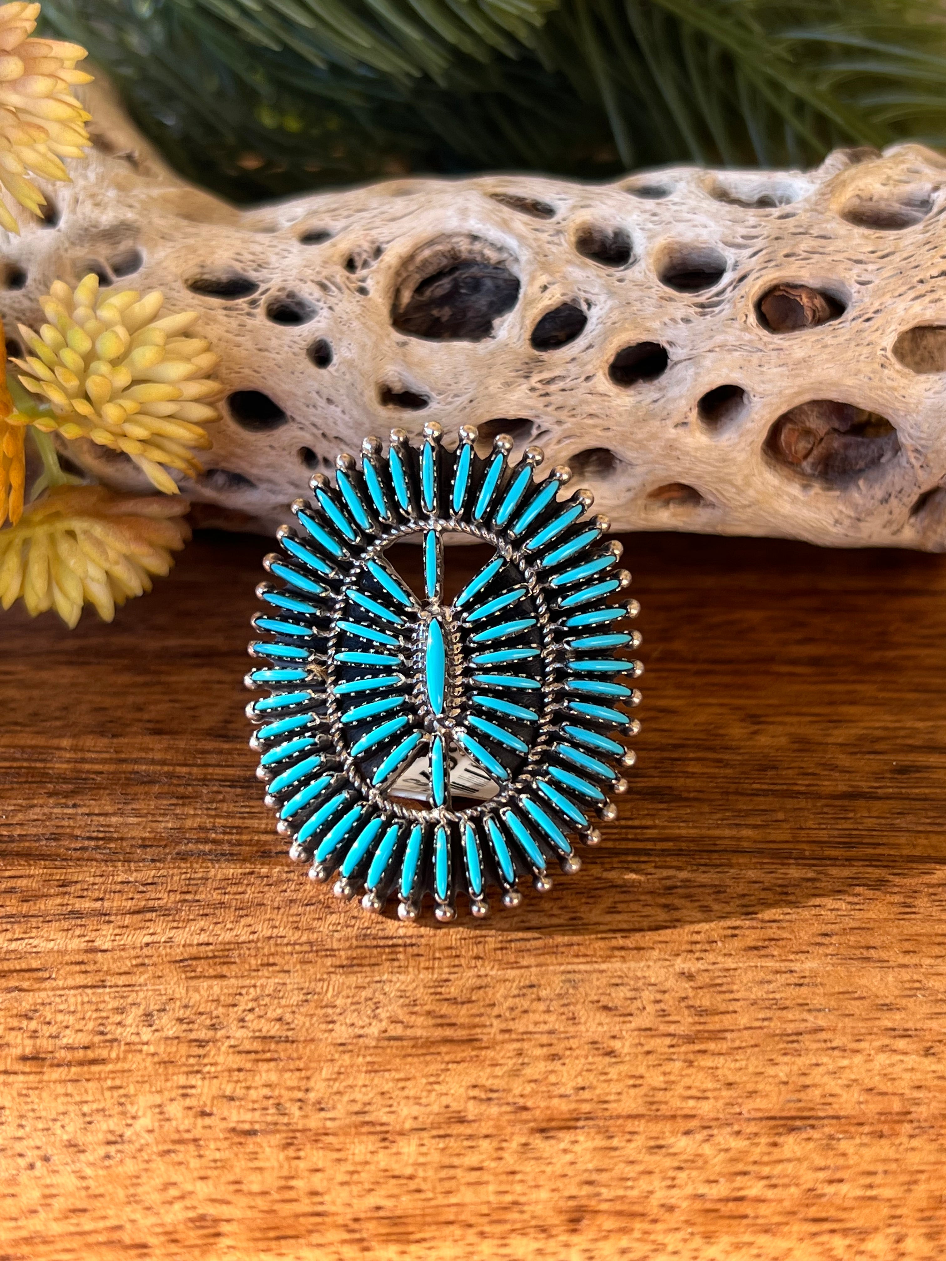 Southwest Handmade Turquoise & Sterling Silver Needlepoint Ring Size 7.75