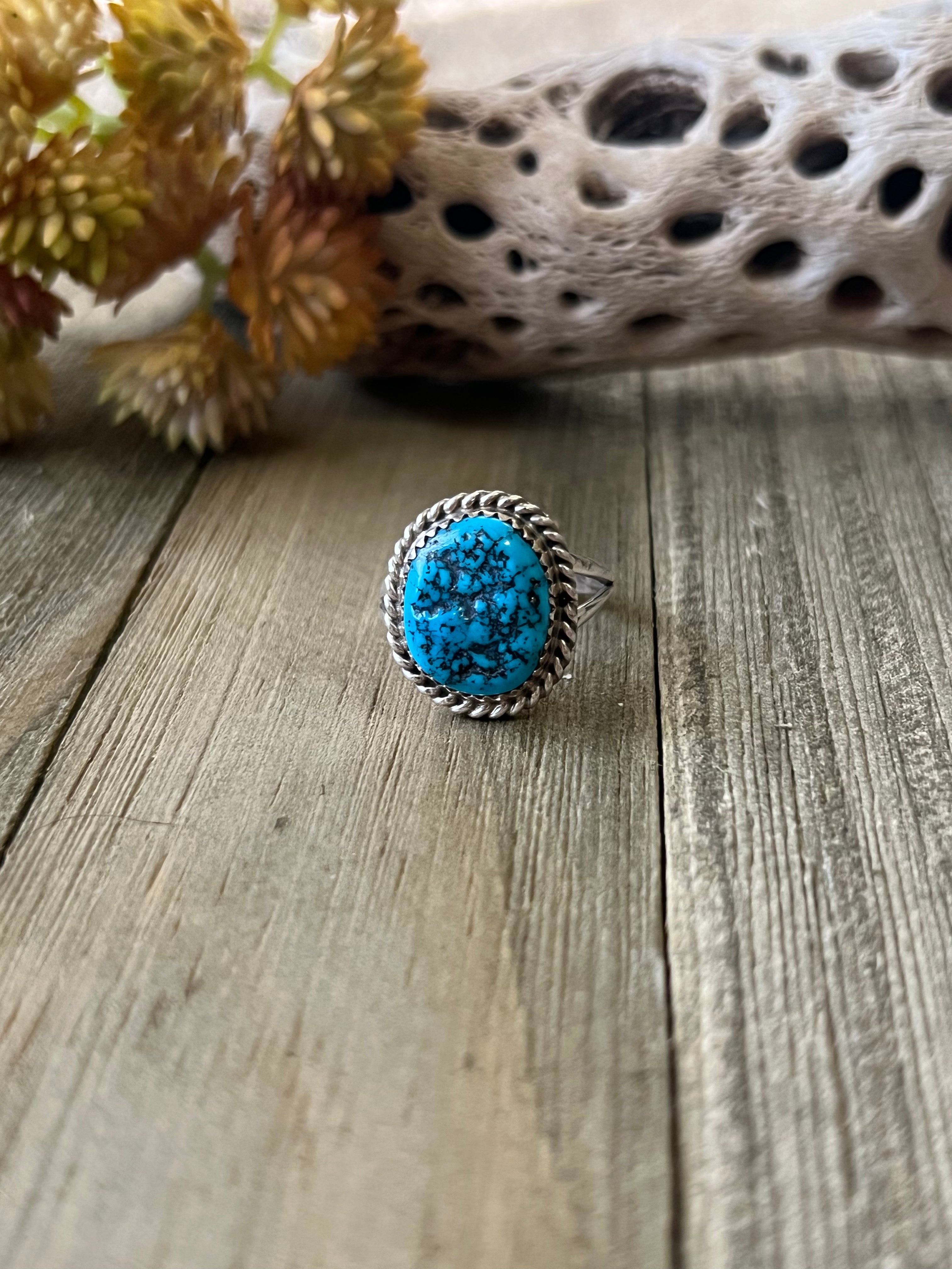 Navajo Made Kingman Turquoise & Sterling Silver Ring Size 8.5