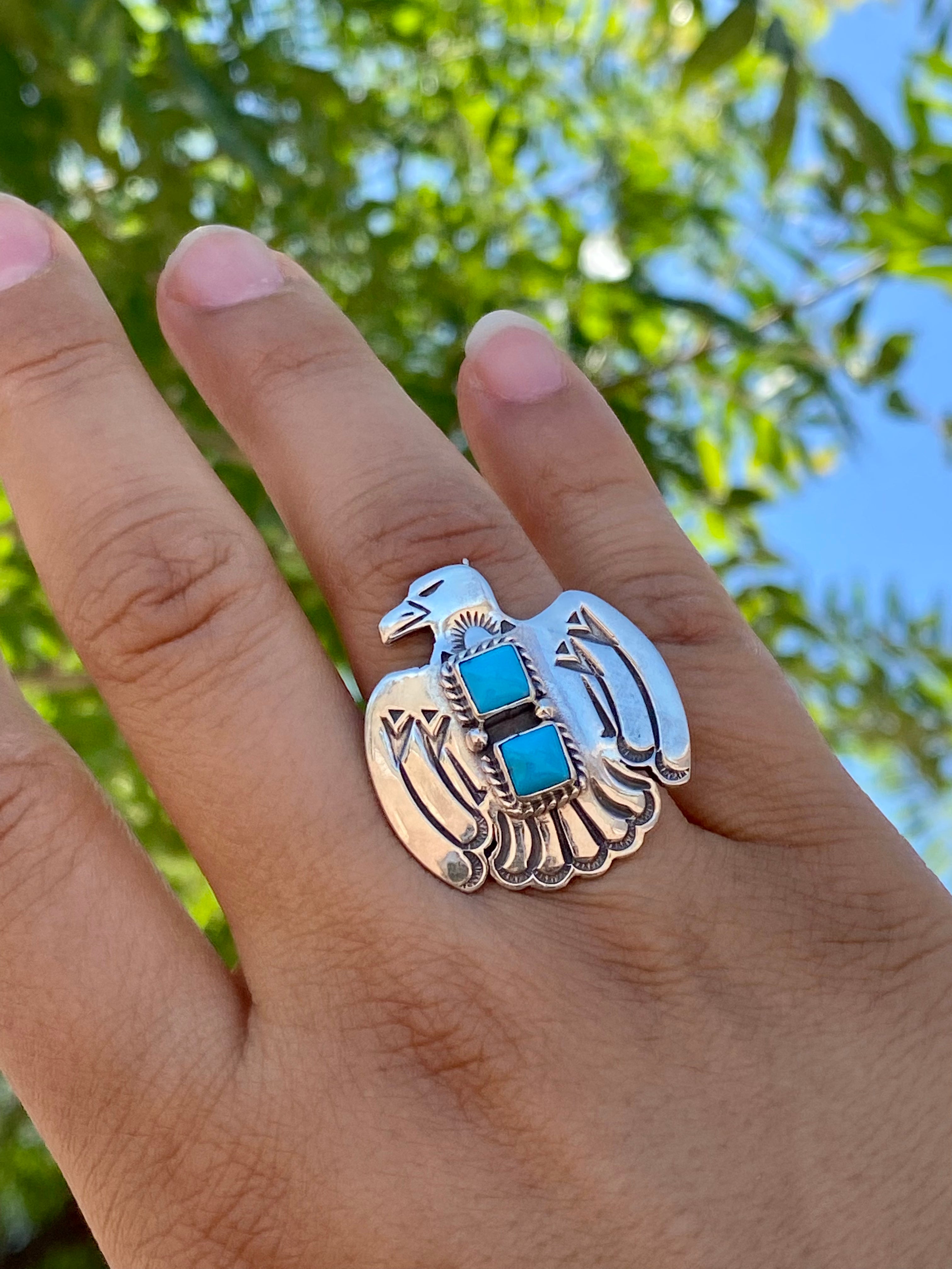 Navajo Made Sleeping Beauty Turquoise & Sterling Silver Thunderbird Ring Size 7.25