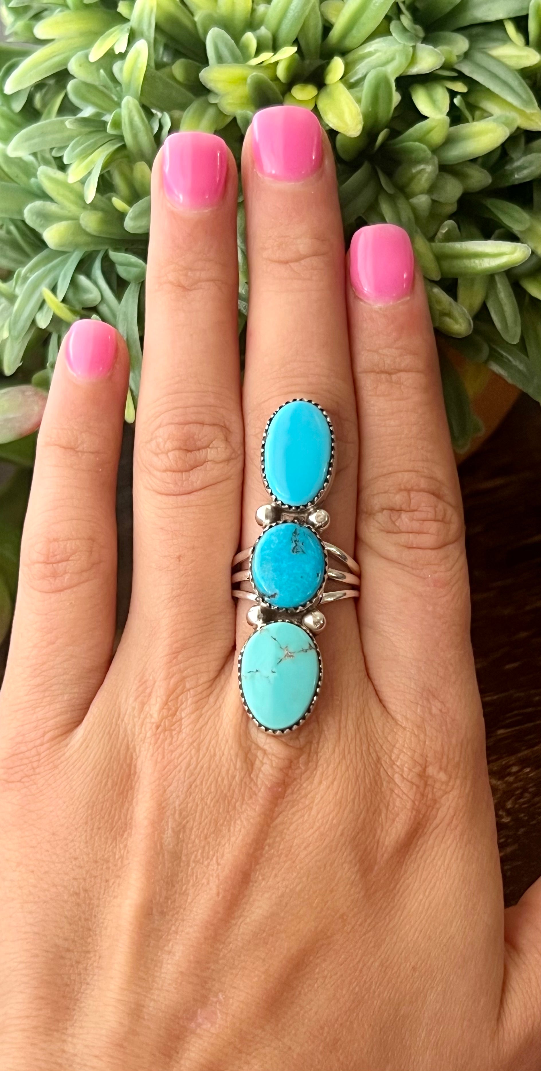 Southwest Handmade Kingman Turquoise & Sterling Silver Climber Ring Size 6.75 Stamped Sterling