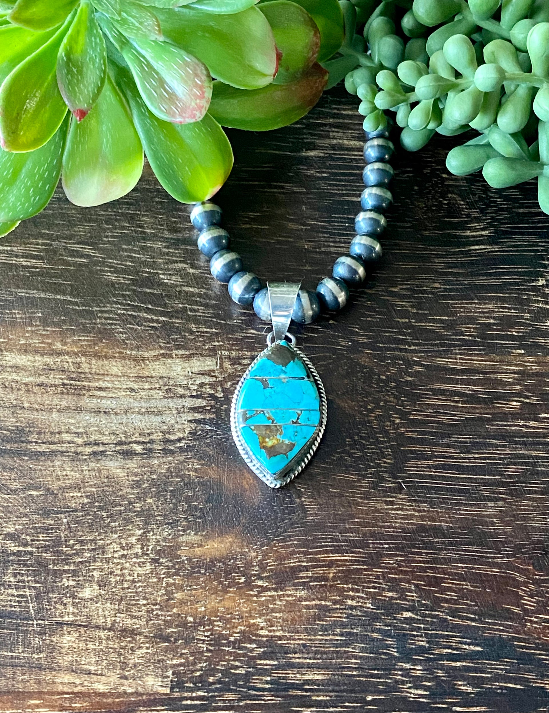 Brandon Etsitty Kingman Turquoise & Sterling Silver Inlay Pendant