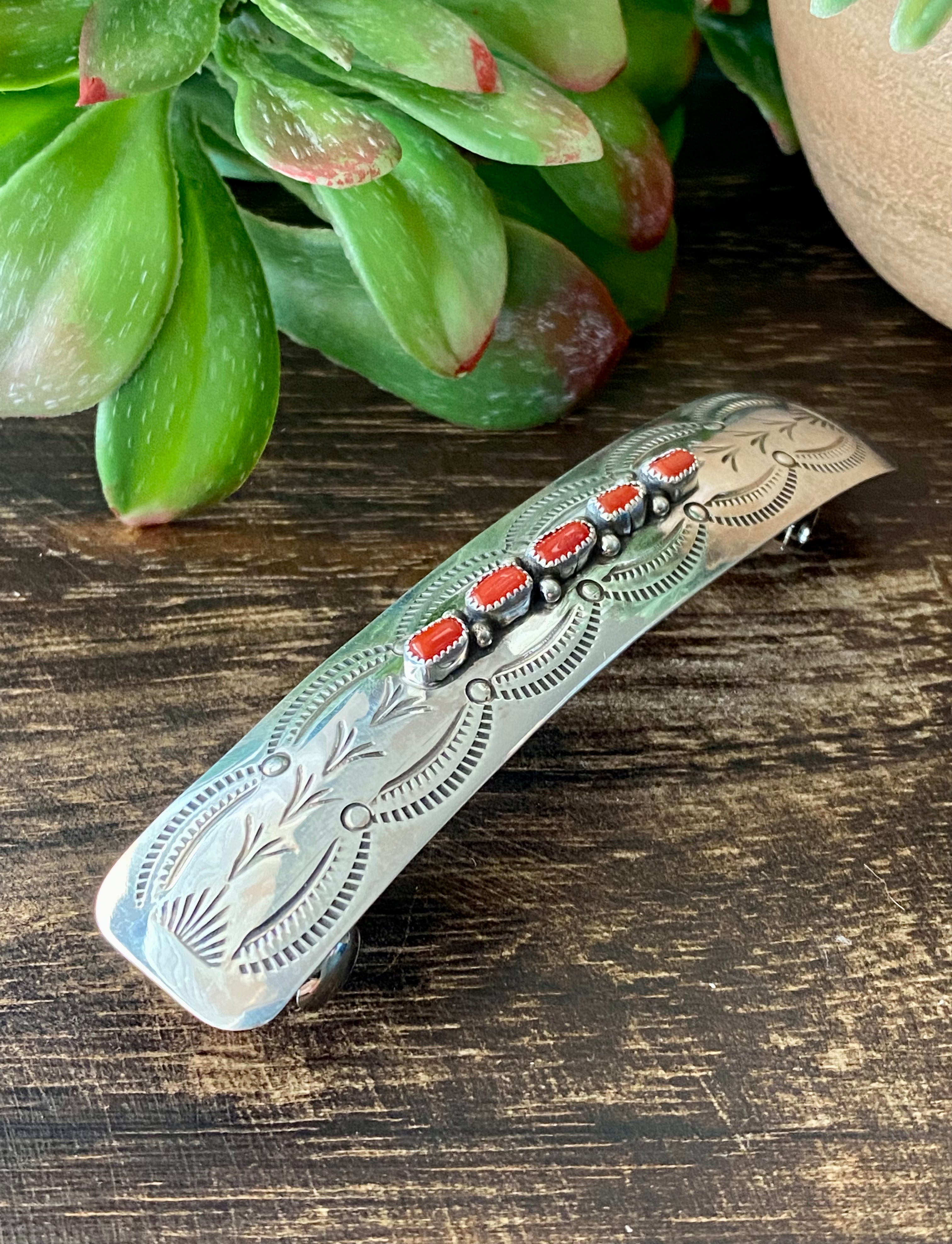 Navajo Made Coral & Sterling Silver Hair Barrette