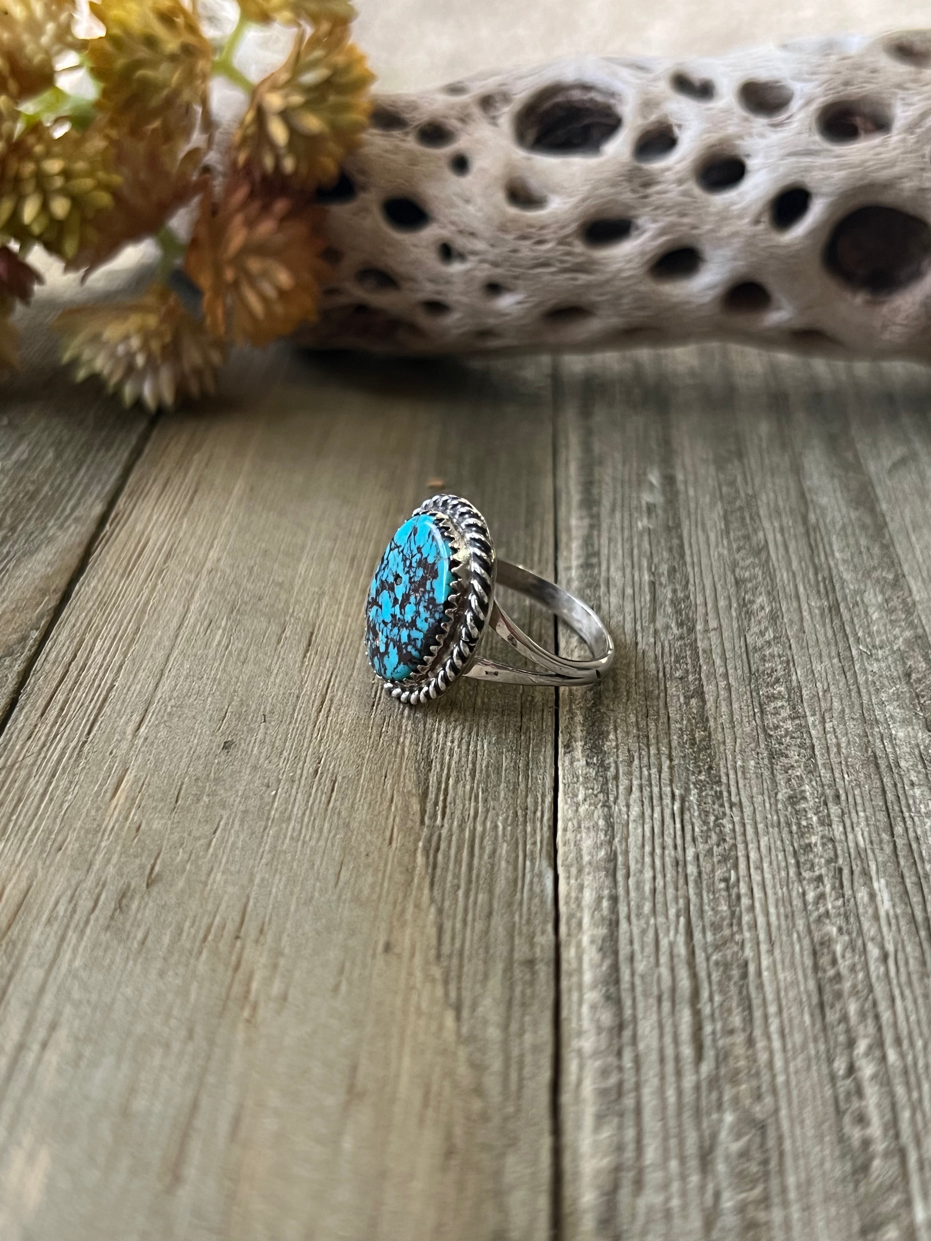 Navajo Made Kingman Turquoise & Sterling Silver Ring Size 8.25