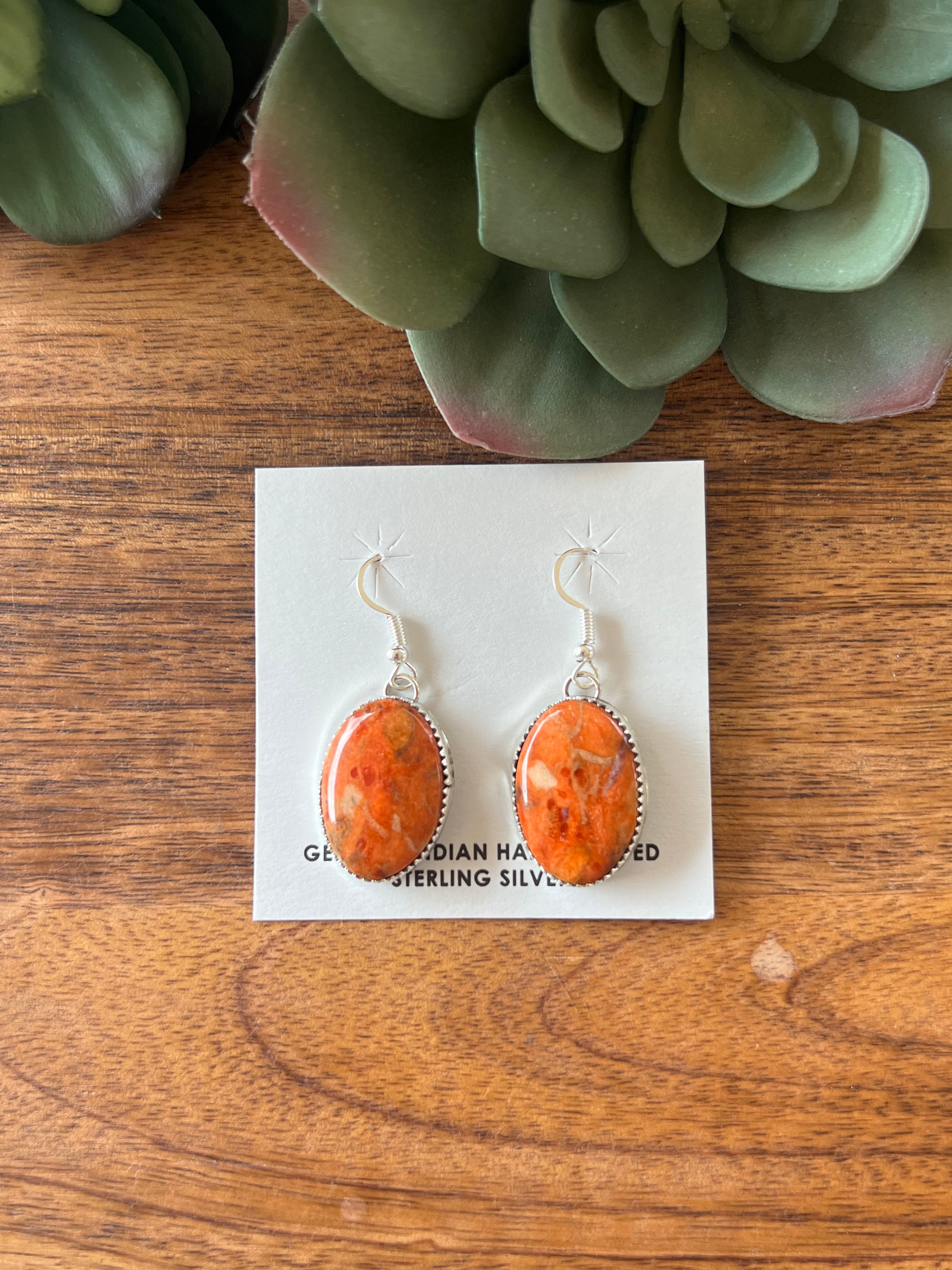 Navajo Made Apple Coral & Sterling Silver Dangle Earrings