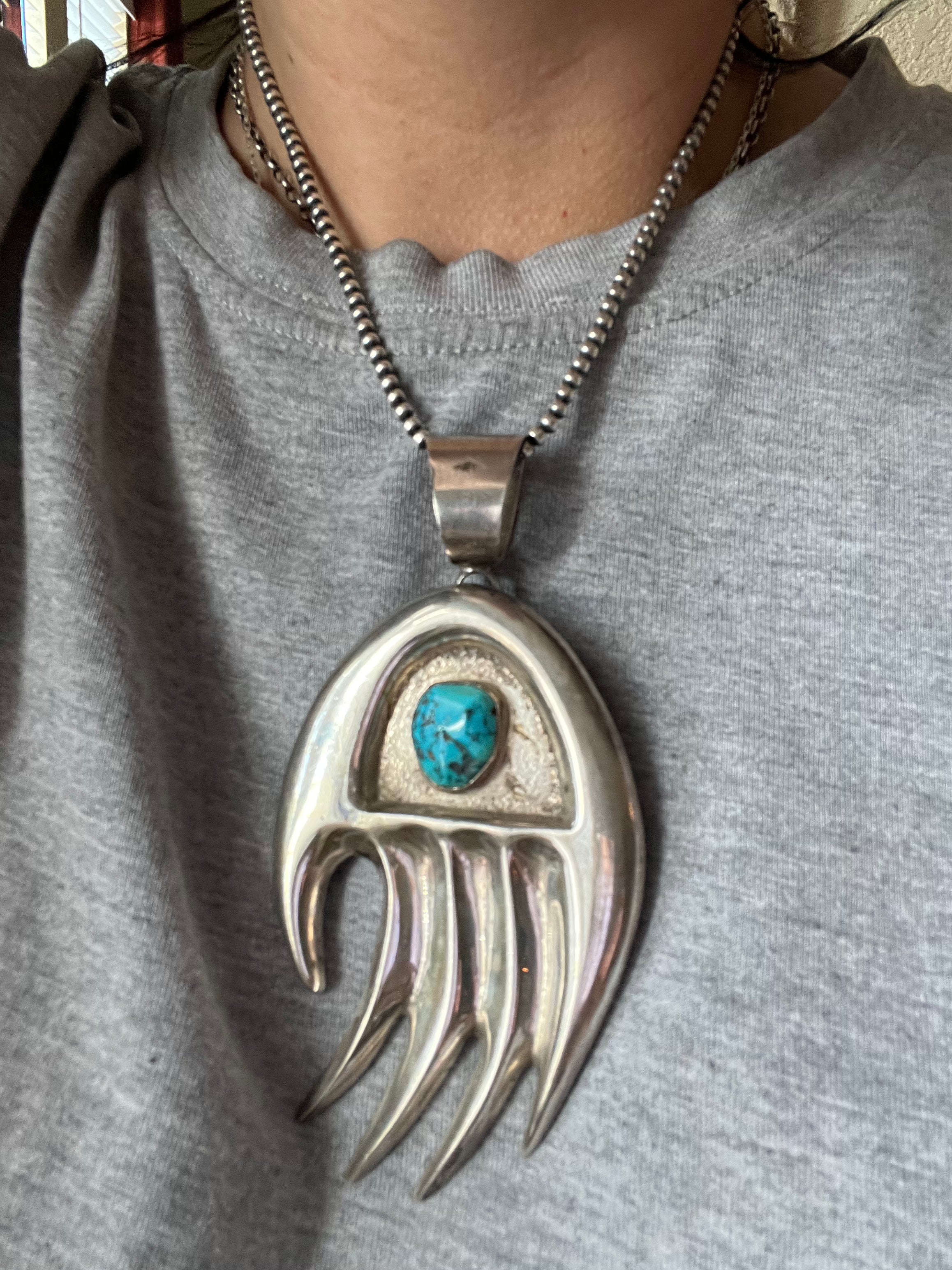 Navajo Made Kingman Turquoise & Sterling Silver Claw Pendant