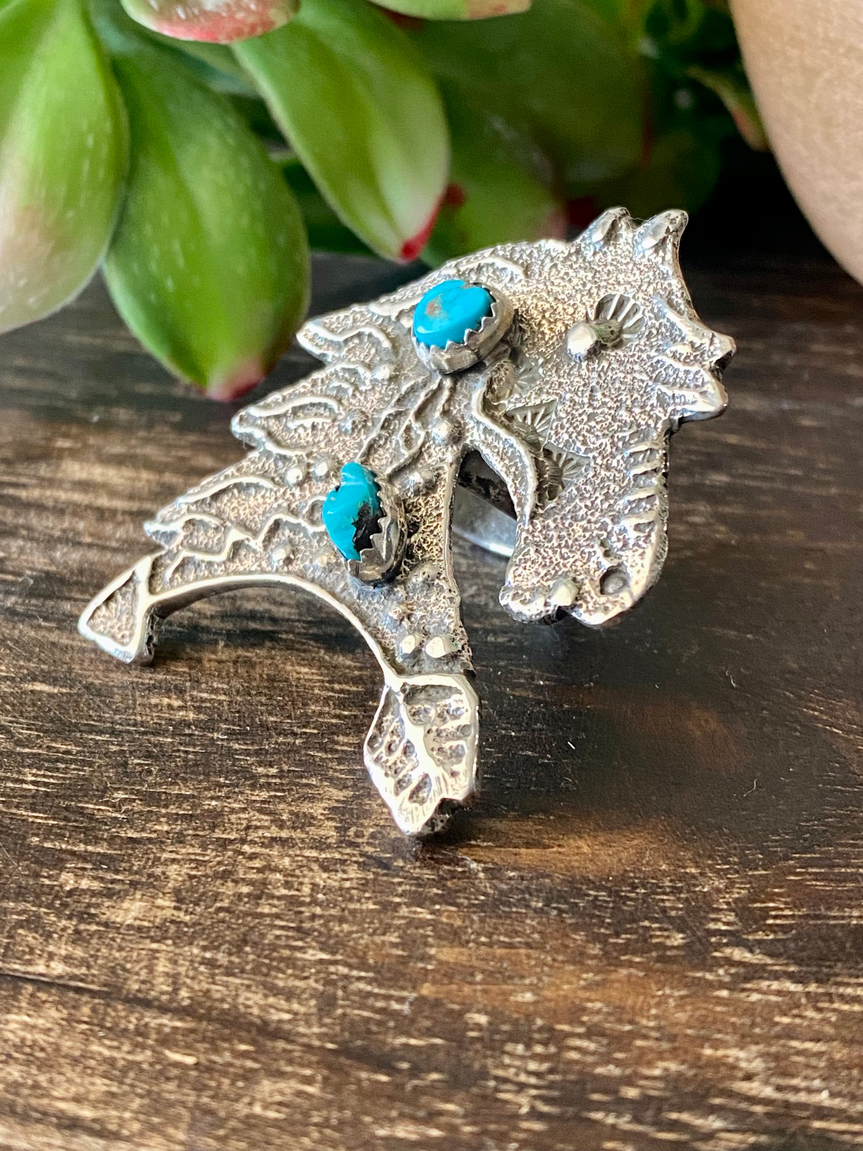 Delbert Arviso Kingman Turquoise & Sterling Silver Tufa Cast Horse Ring Size 6.5