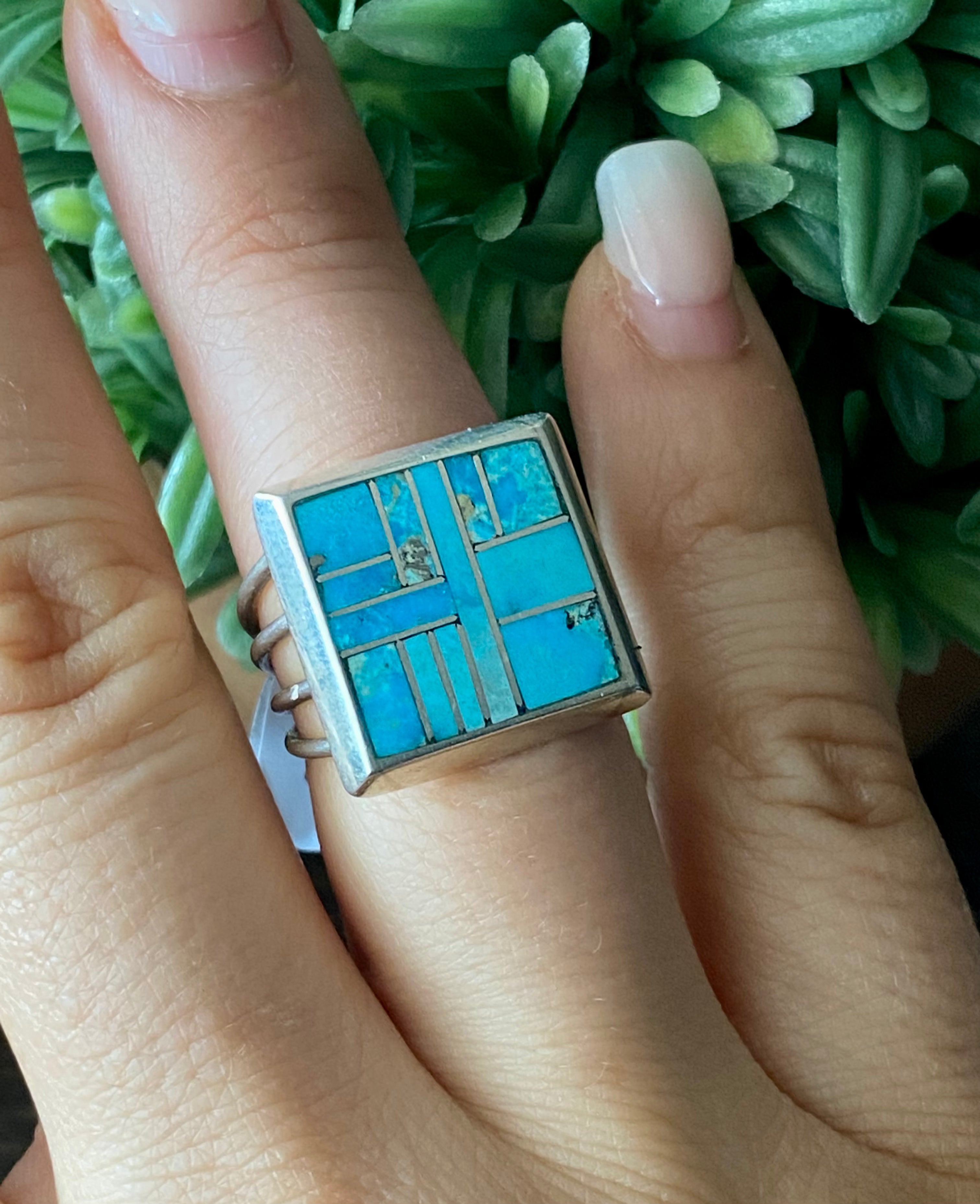 Karla Chavez Kingman Turquoise & Sterling Silver Inlay Ring Size 7.5