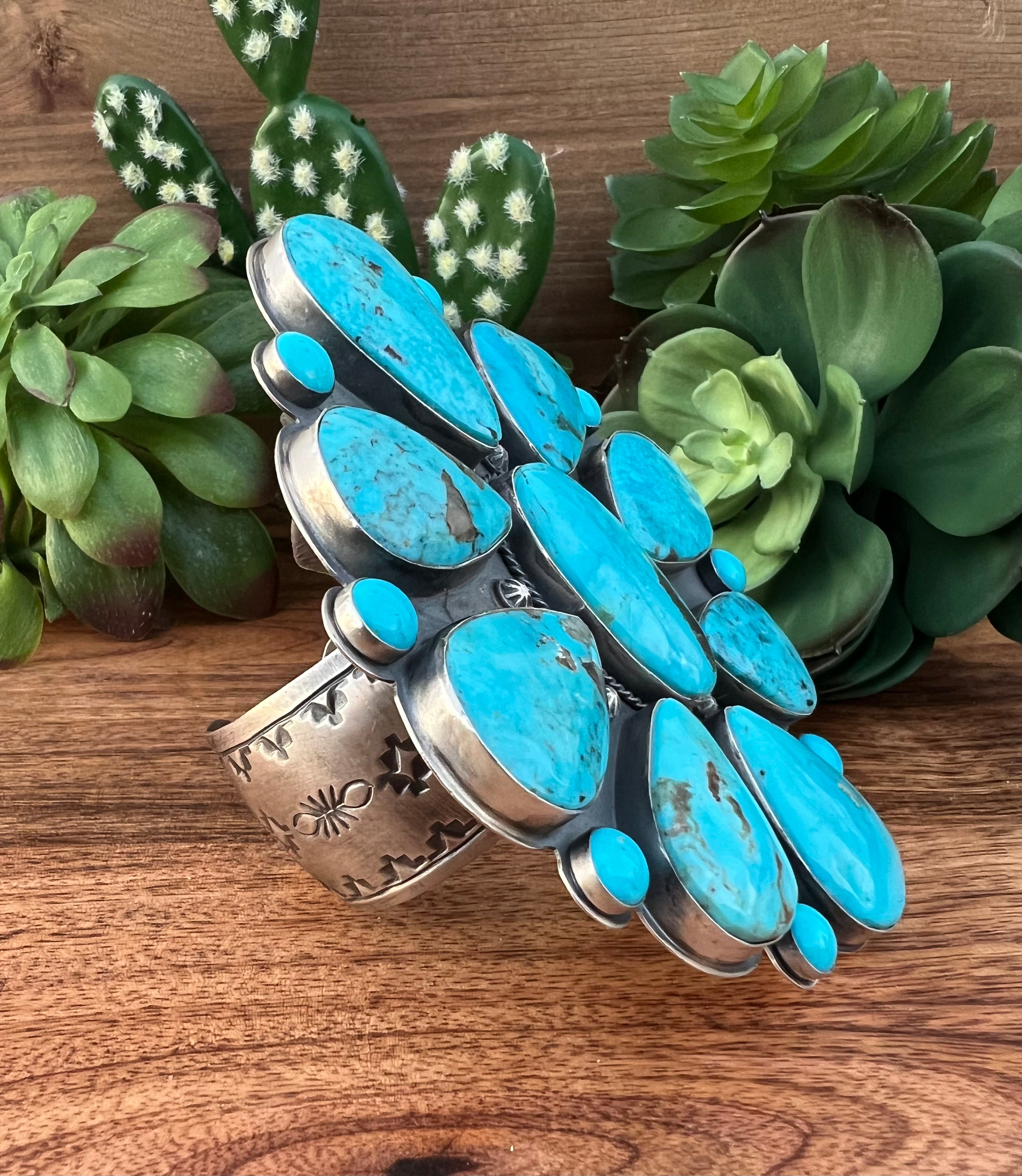 Navajo Made Kingman & Sterling Silver Cluster Bracelet
