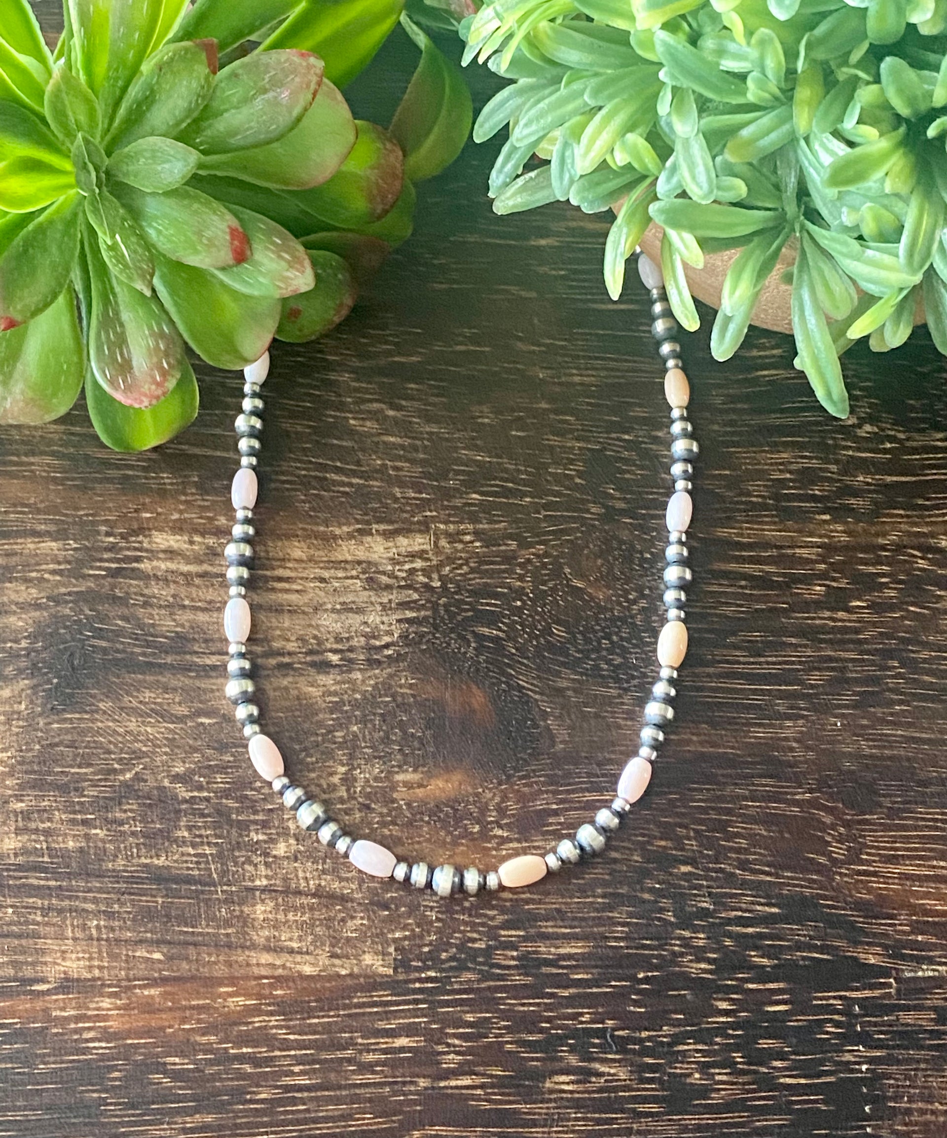 Navajo Made Pink Opal & Sterling Silver Graduated Pearl Necklace