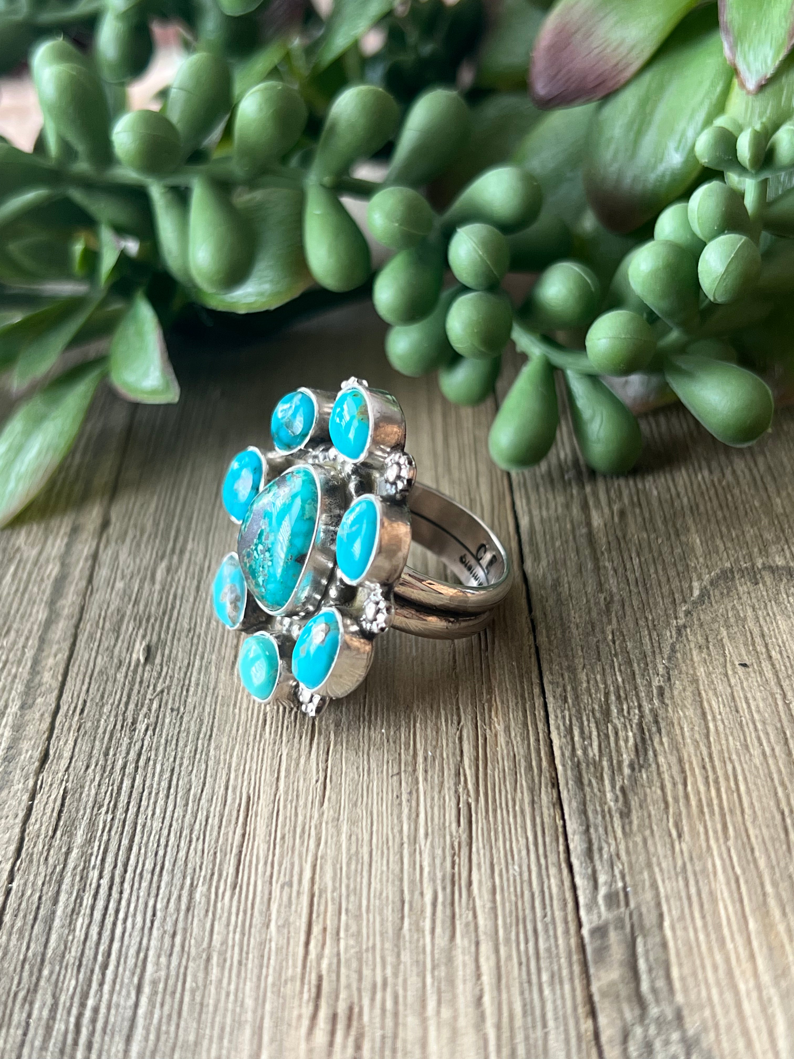 Chris Etsitty Kingman Turquoise & Sterling Silver Ring Size 6.75