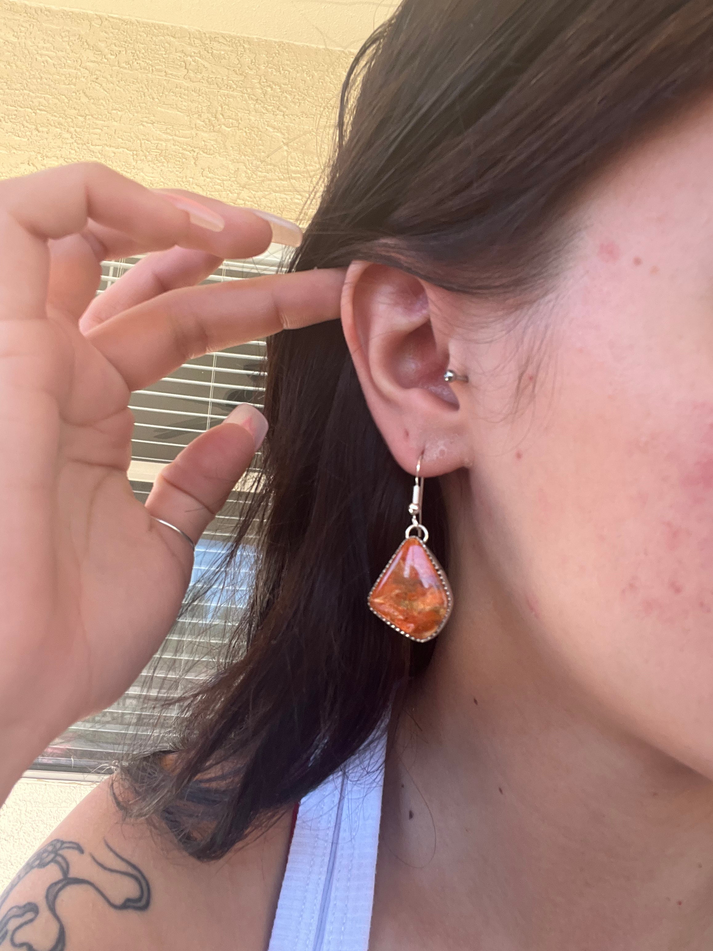 Navajo Made Apple Coral & Sterling Silver Dangle Earrings