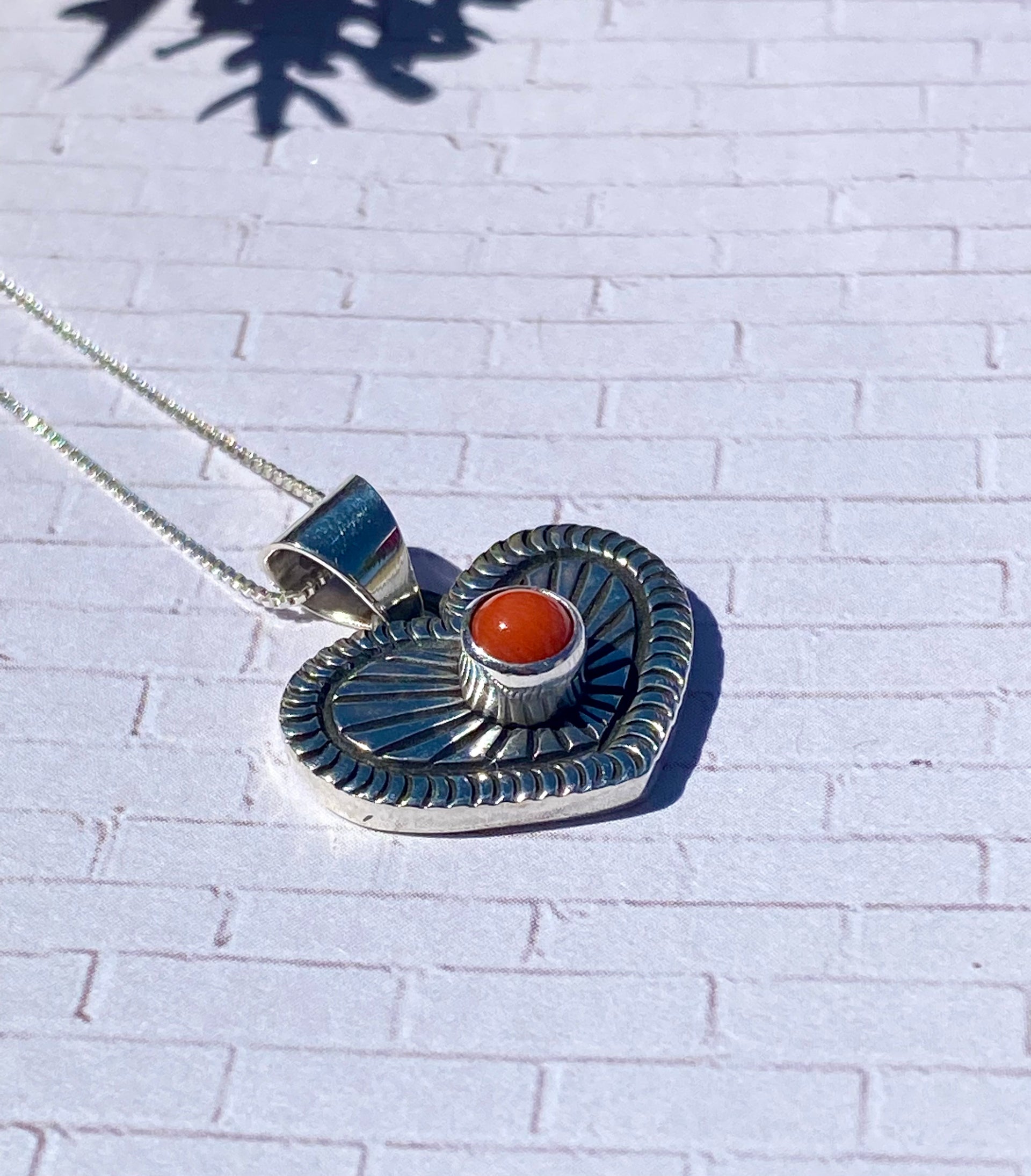 Navajo Made Coral & Sterling Silver Heart Necklace