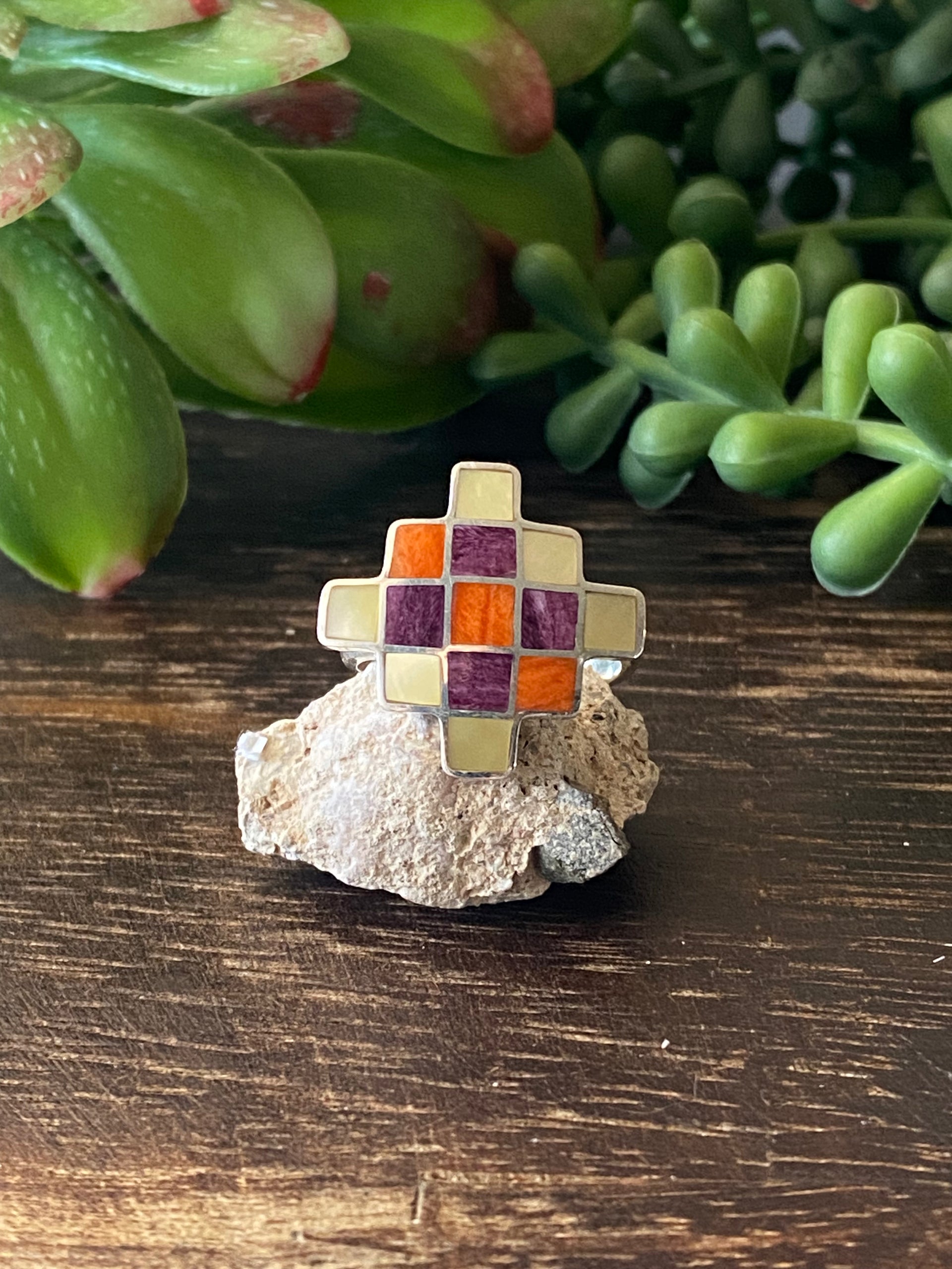 Southwest Handmade Multi Stone & Silver Inlay Adjustable Ring Size 7.5