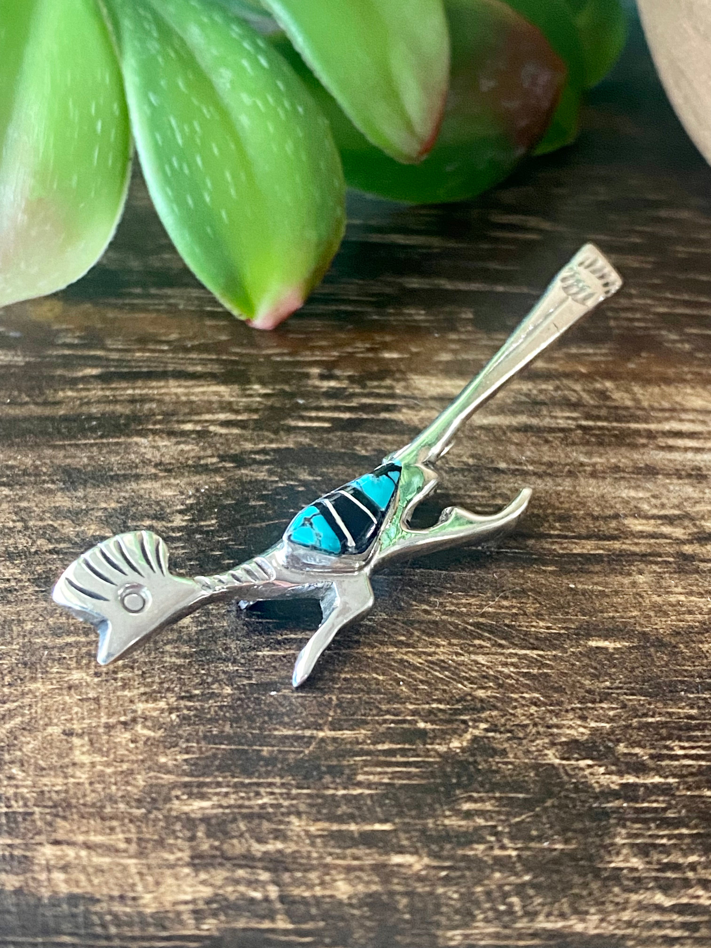 Navajo Made Multi Stone & Sterling Silver Inlay Roadrunner Pin