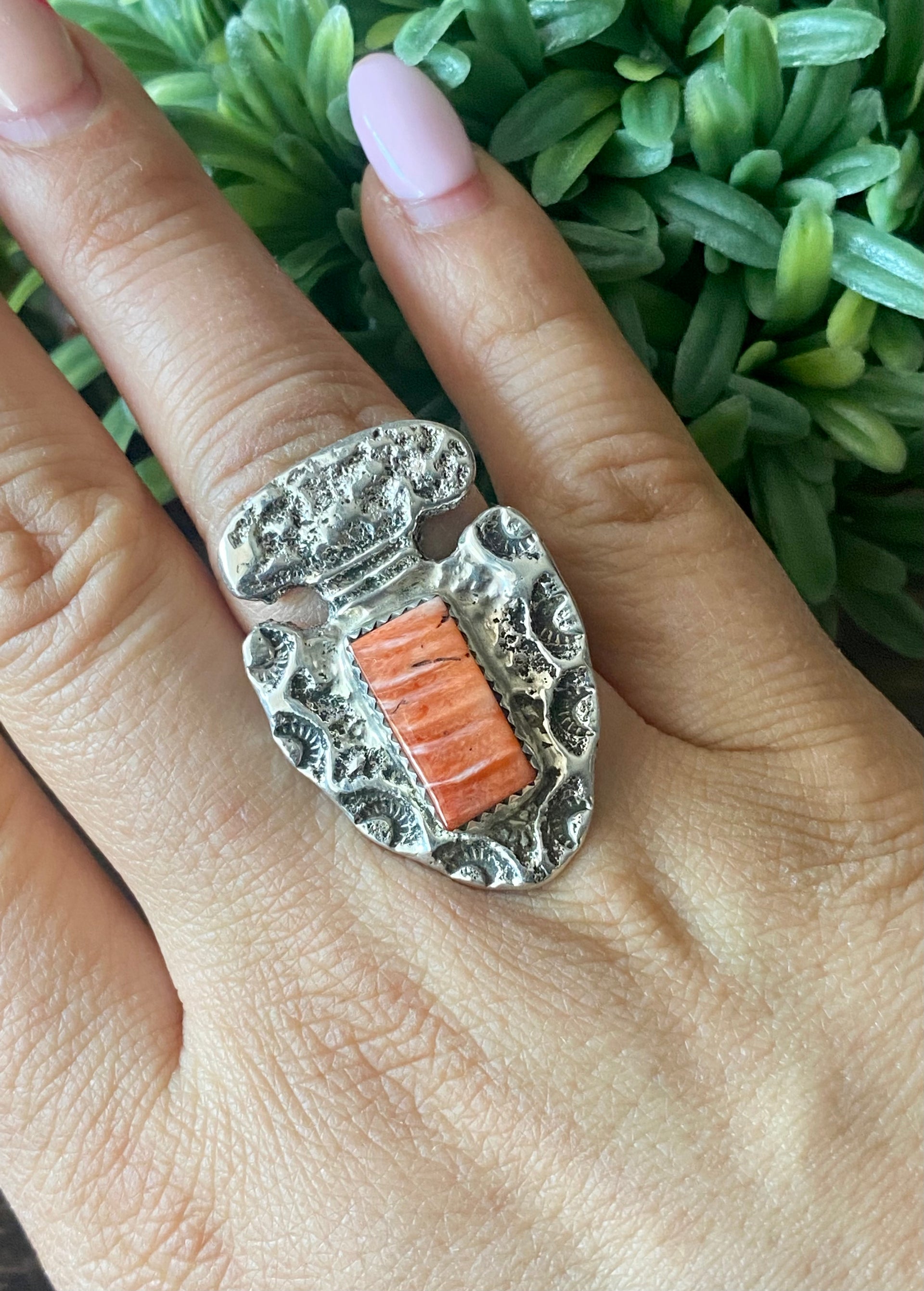 Delbert Arviso Spiny Oyster & Sterling Silver Ring Size 8.25