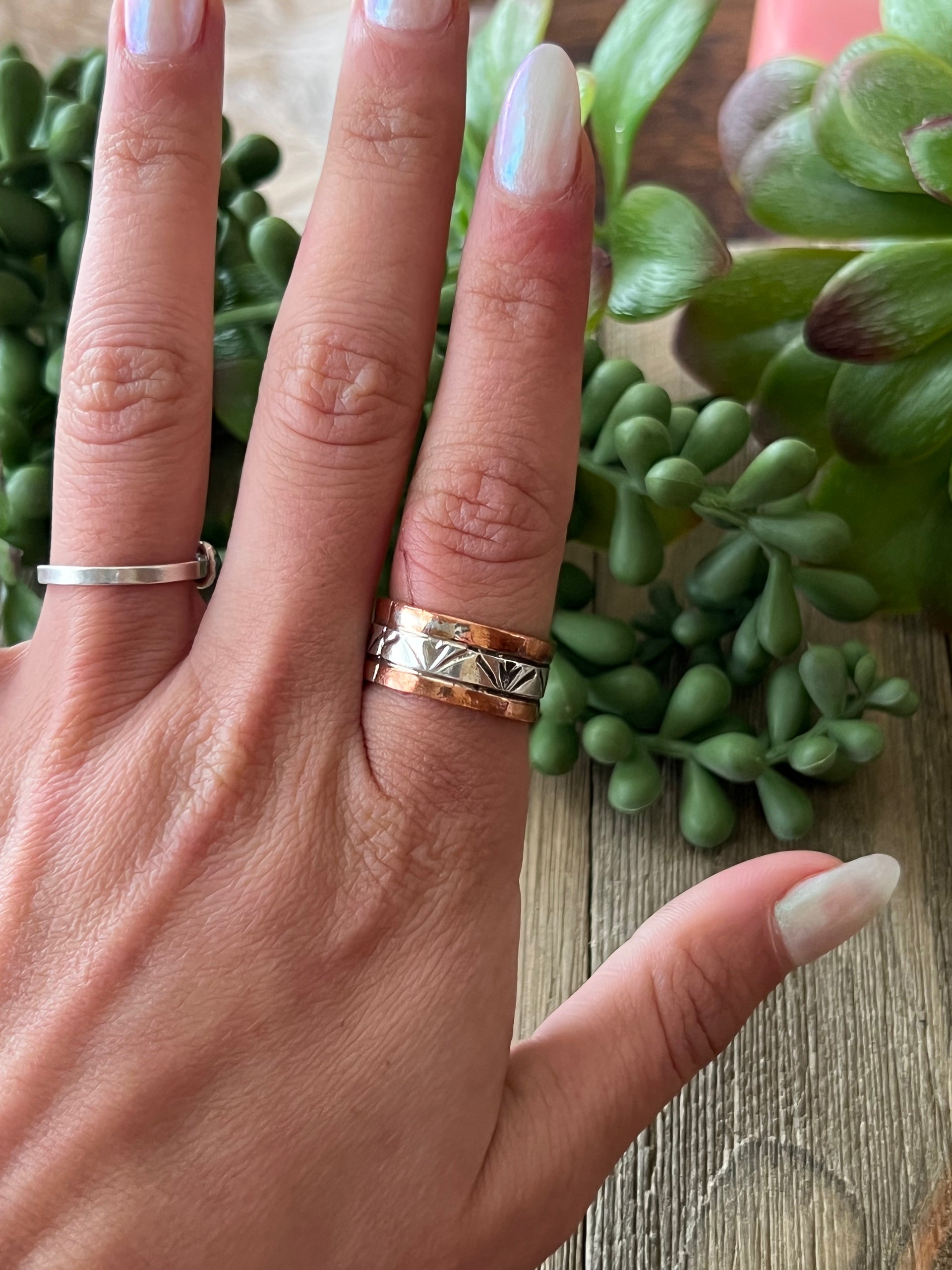 Navajo Made Copper & Sterling Silver Ring Size 6.75