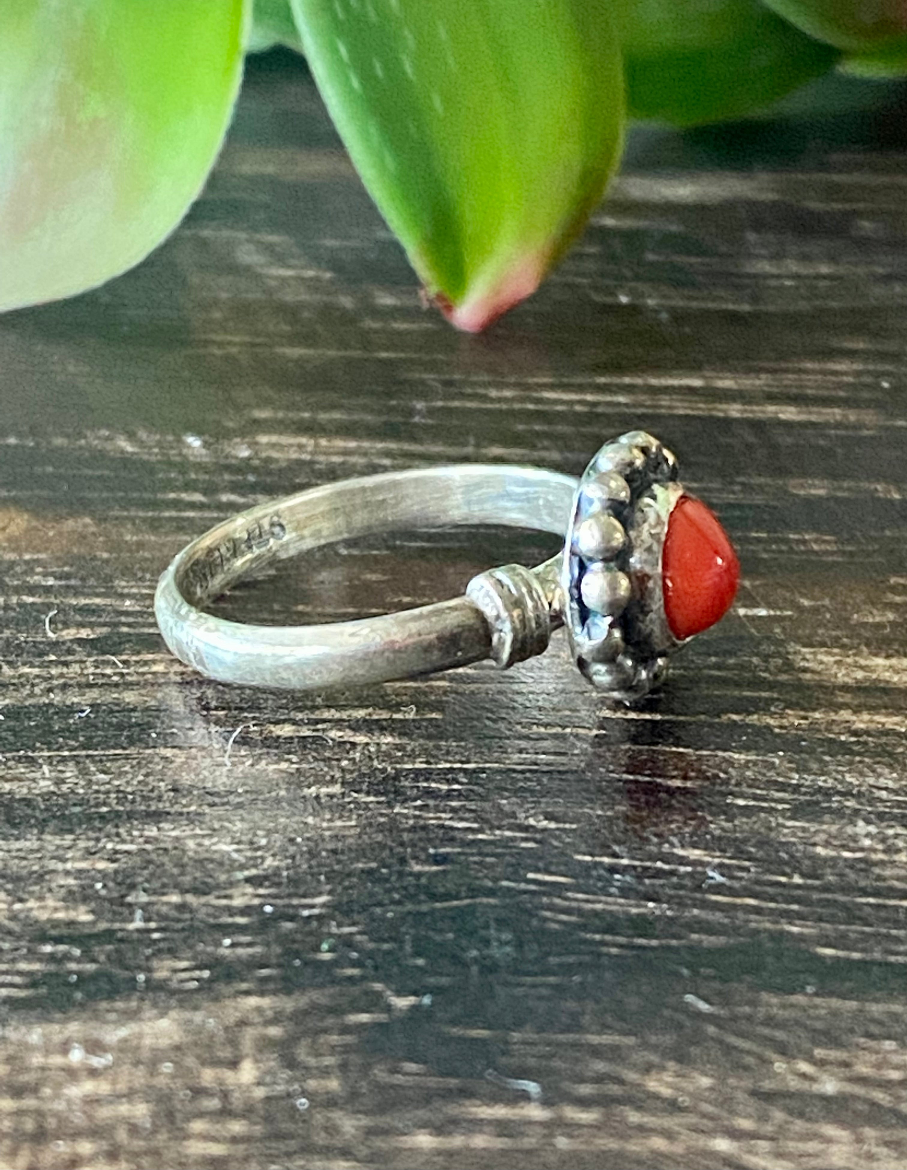 Navajo Made Coral & Sterling Silver Ring Size 5