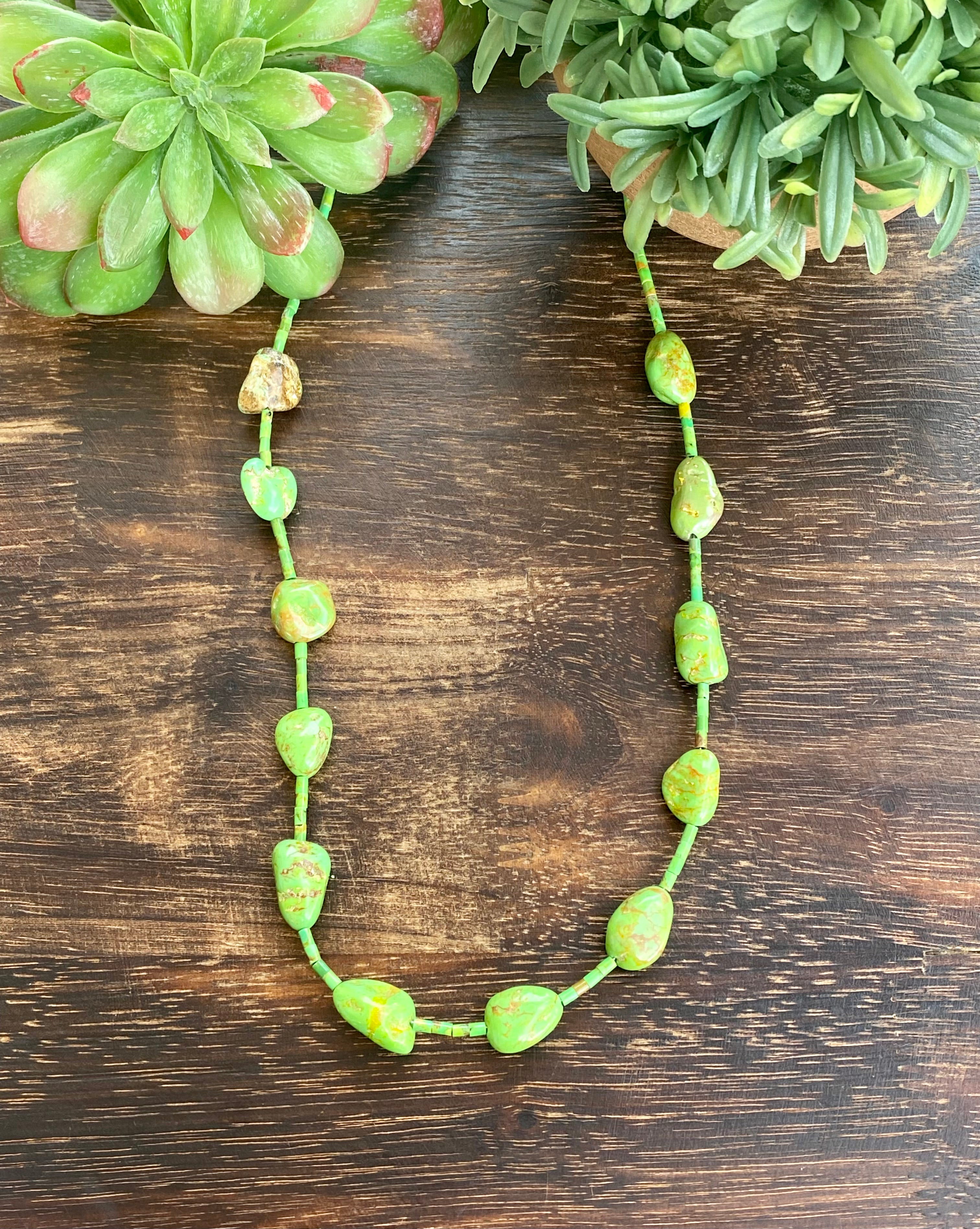 Navajo Made Green Mohave Turquoise & Sterling Silver Beaded Necklace