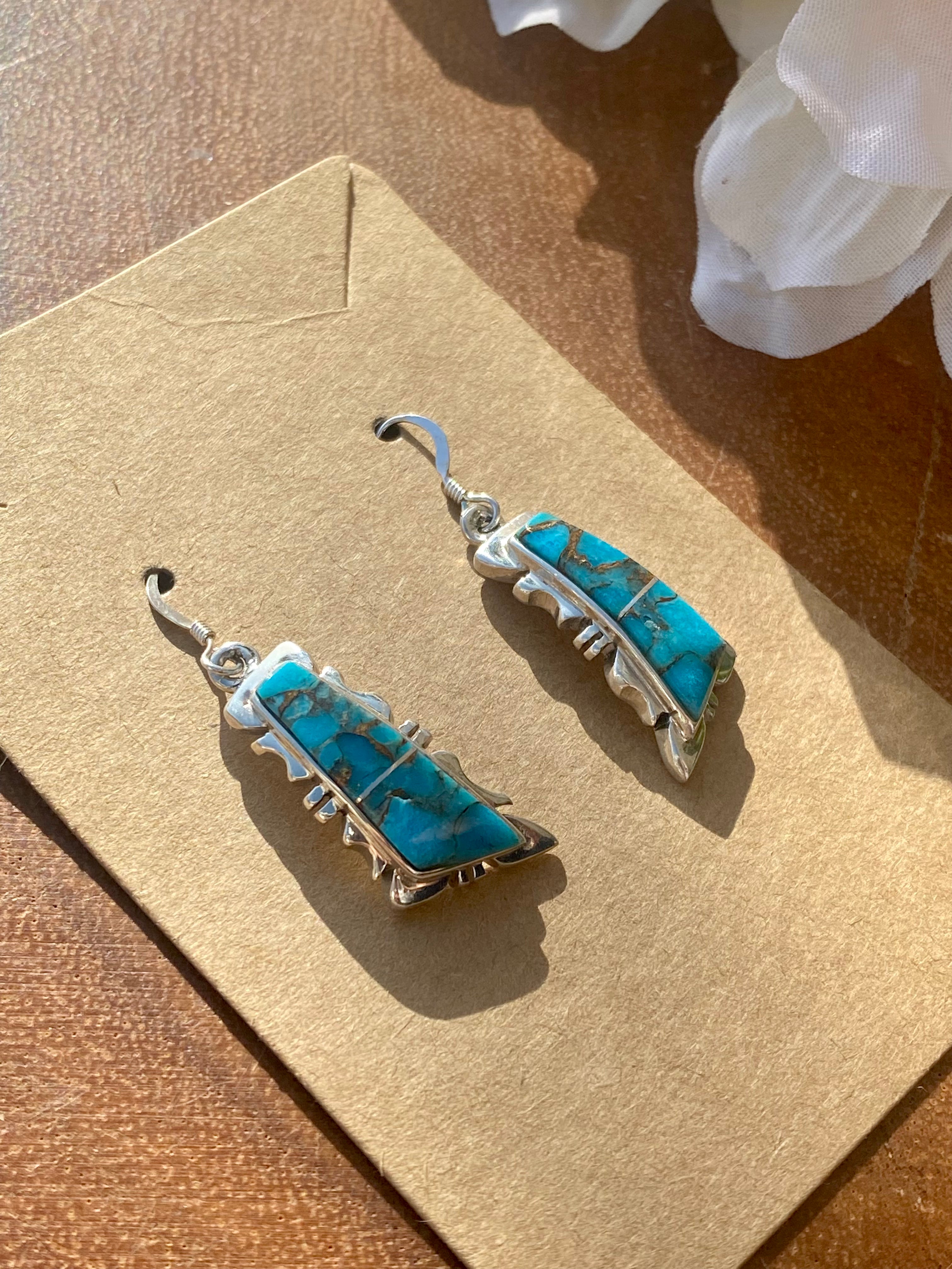 Navajo Made Mohave Turquoise & Sterling Silver Inlay Dangle Earrings