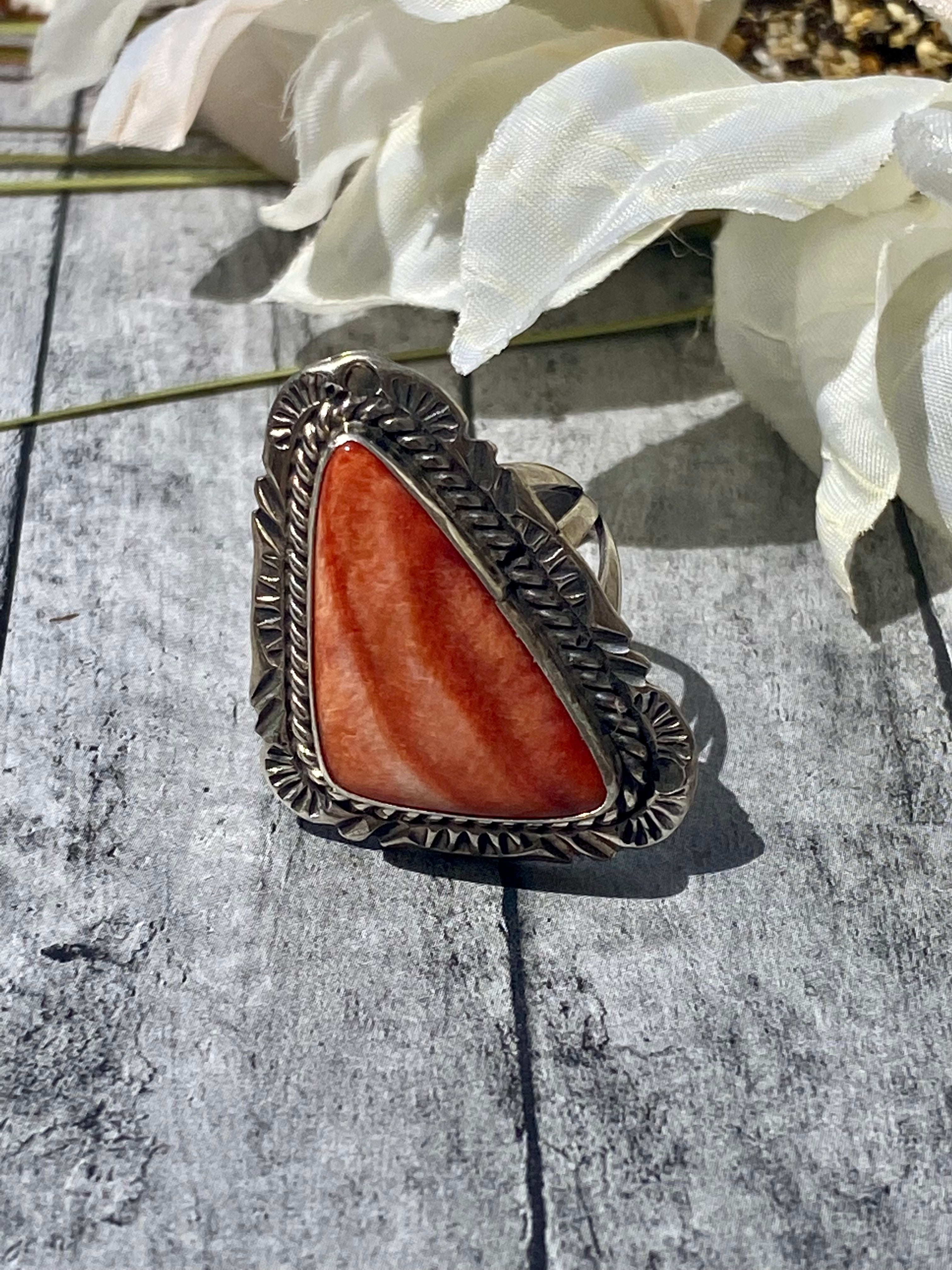 Navajo Made Spiny Oyster & Sterling Silver Ring Size 7.25