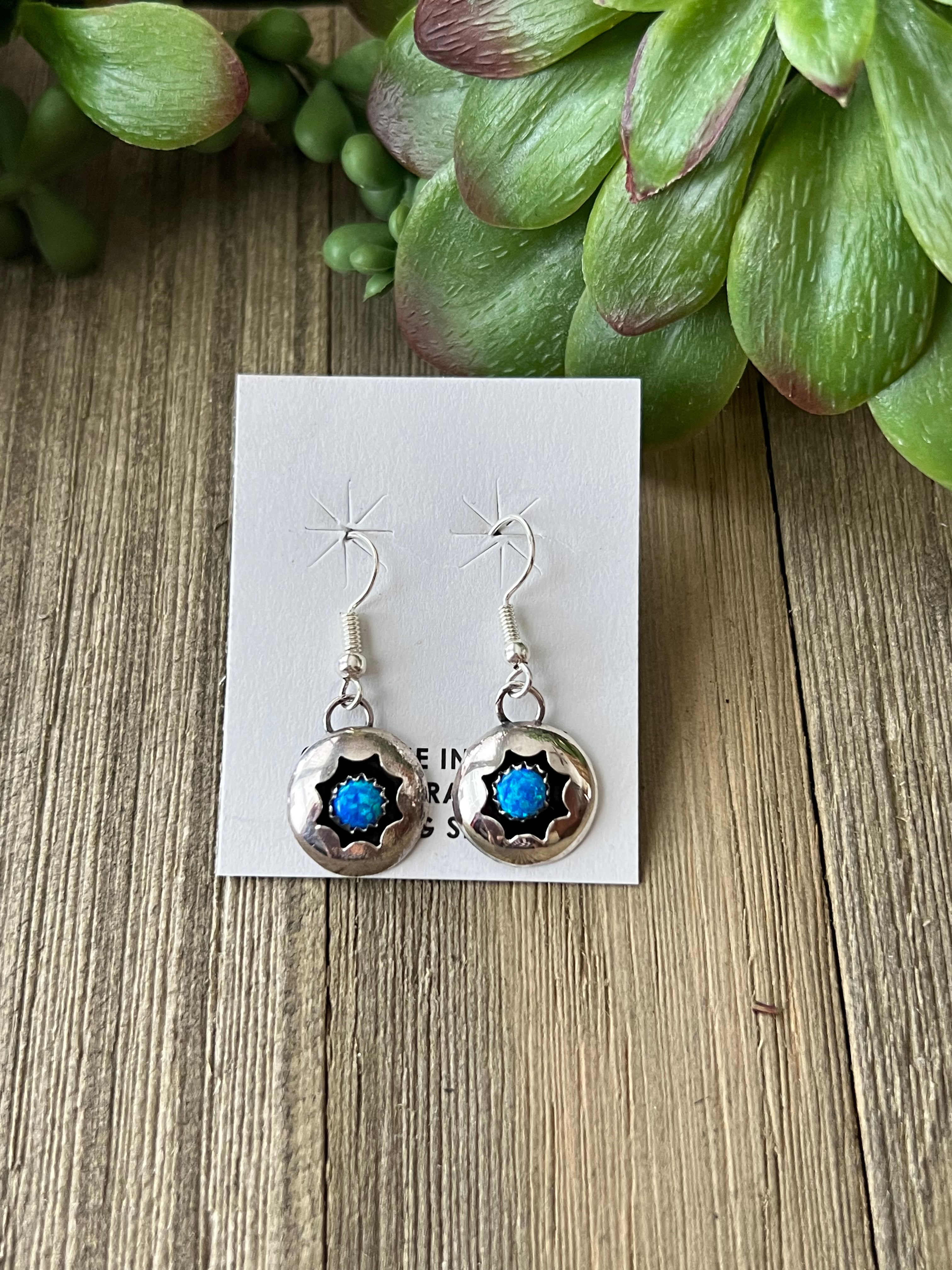 Navajo Made Blue Opal(Man-Made) & Sterling Silver Dangle Earrings
