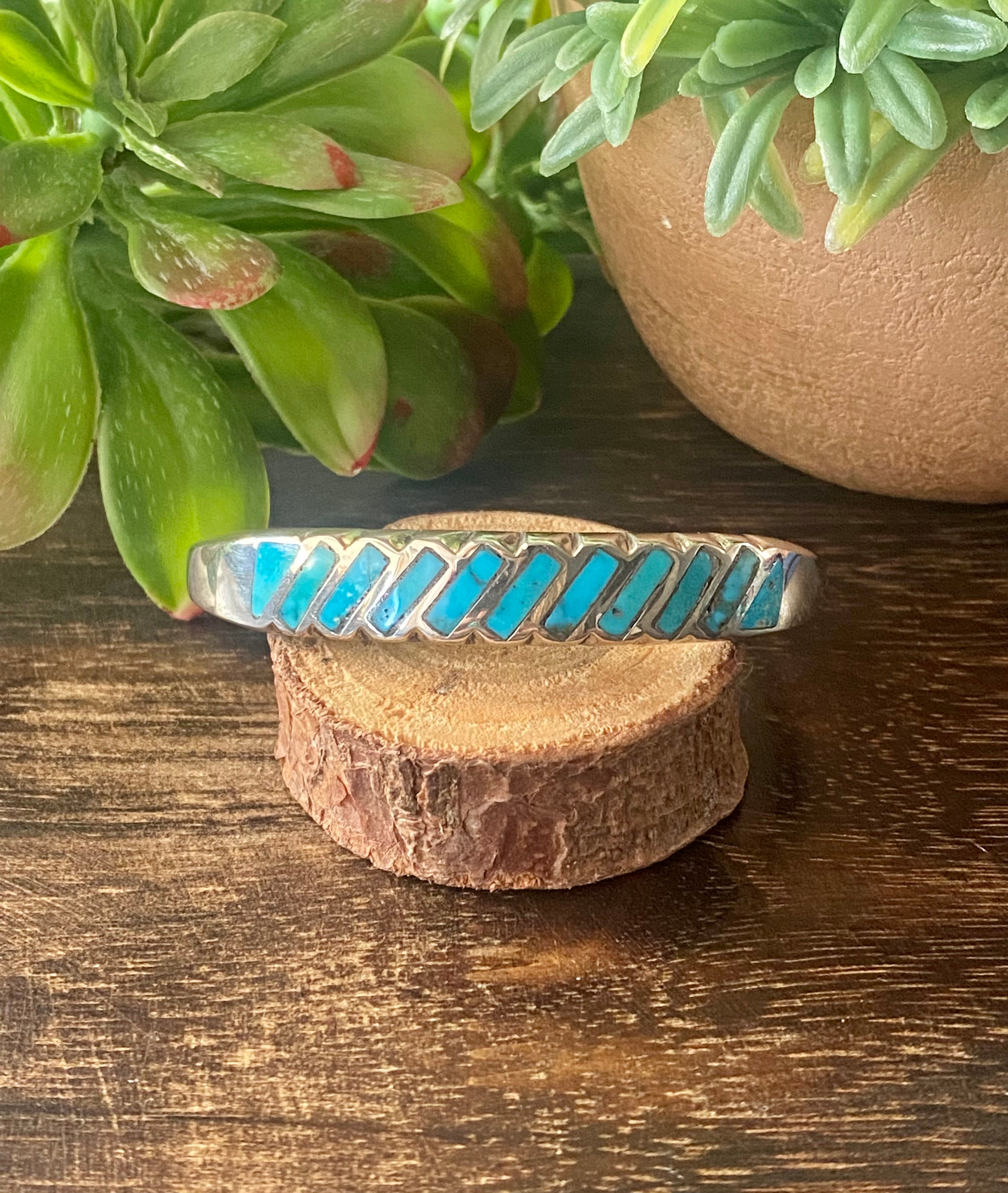 Vintage Navajo Made Kingman Turquoise & Sterling Silver Inlay Cuff Bracelet