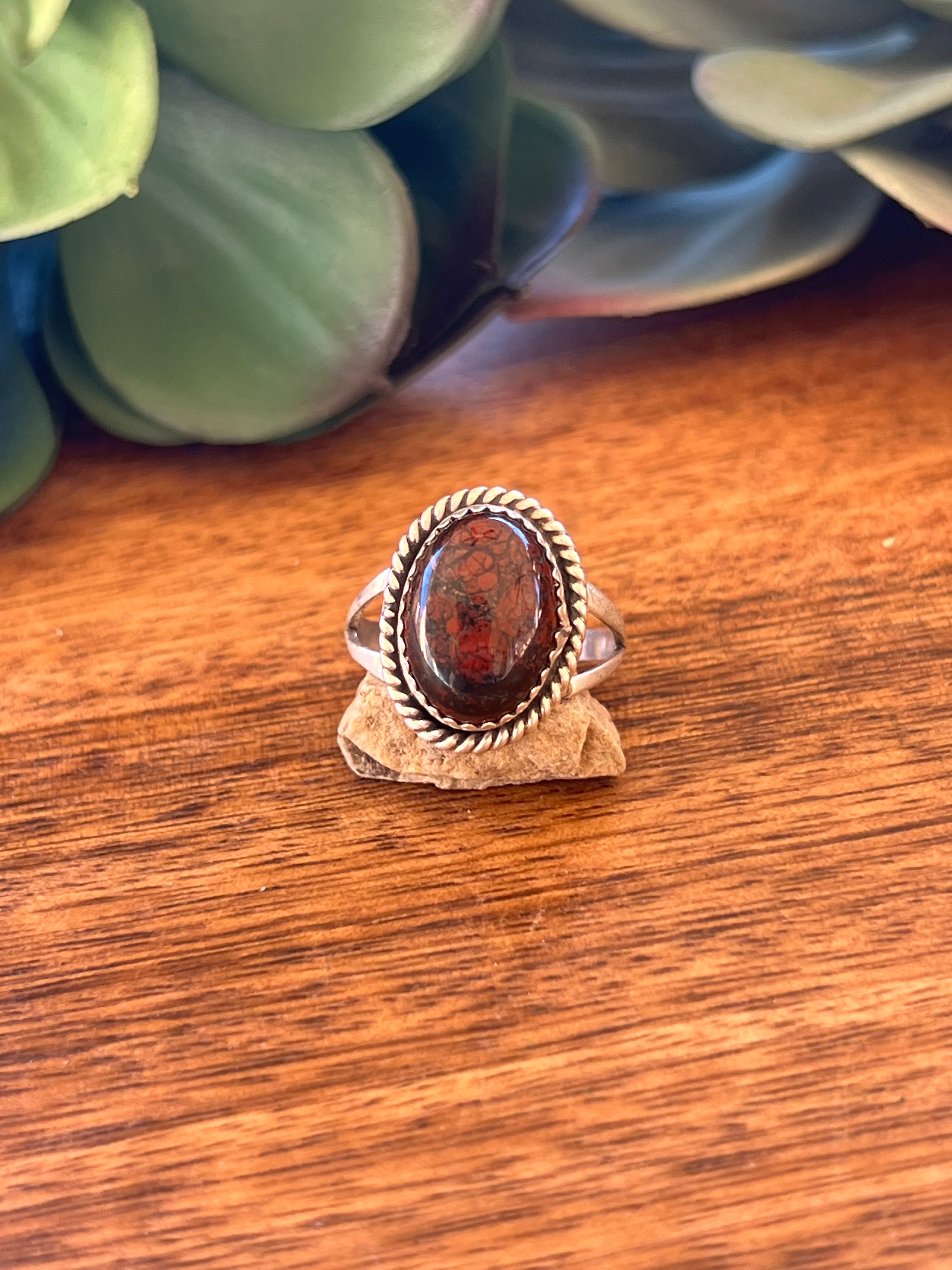 Navajo Made Blood Red & Sterling Silver Ring Size 7.75