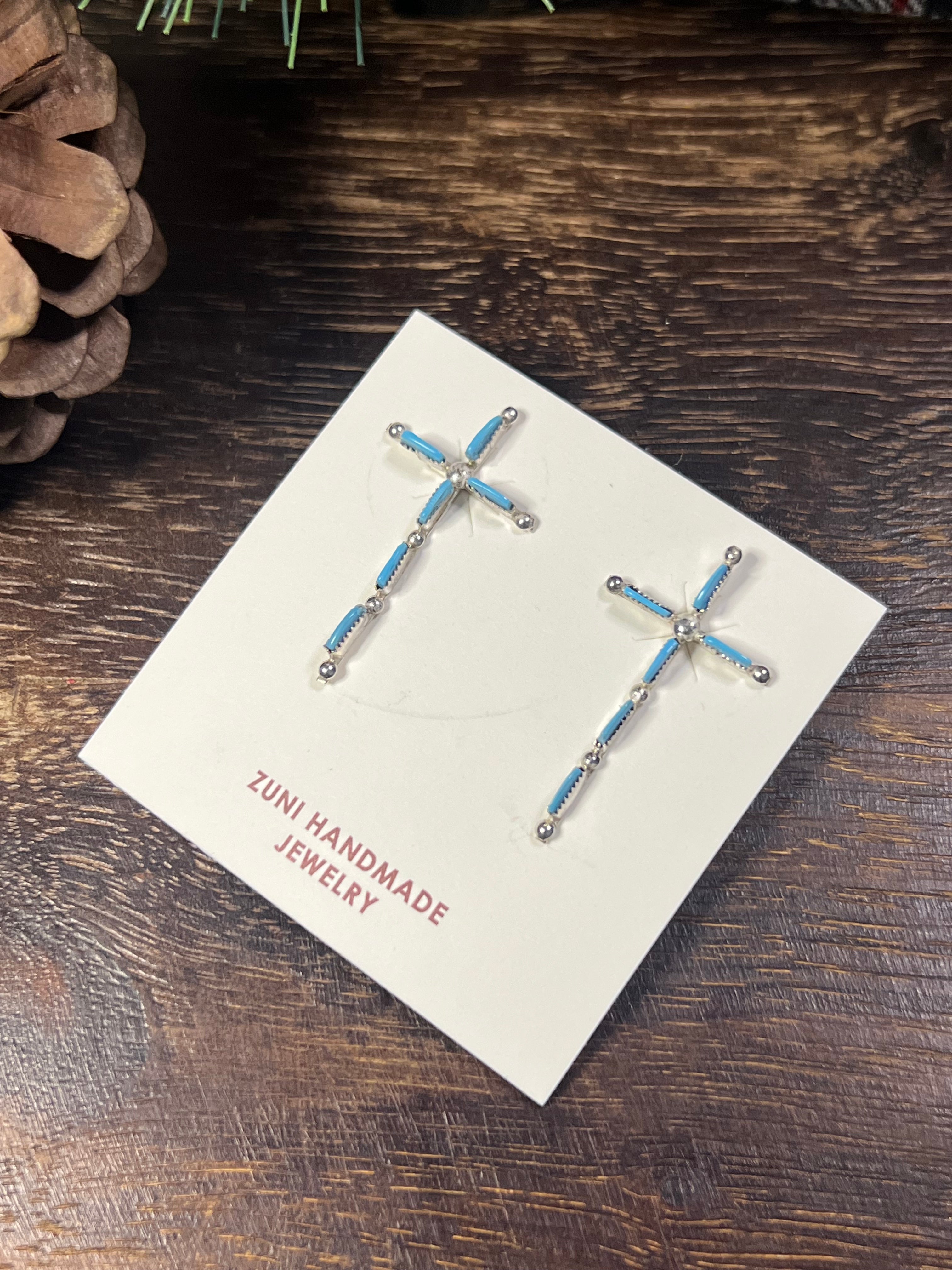 Cletus Lamy Kingman Turquoise & Sterling Silver Cross Post Earrings