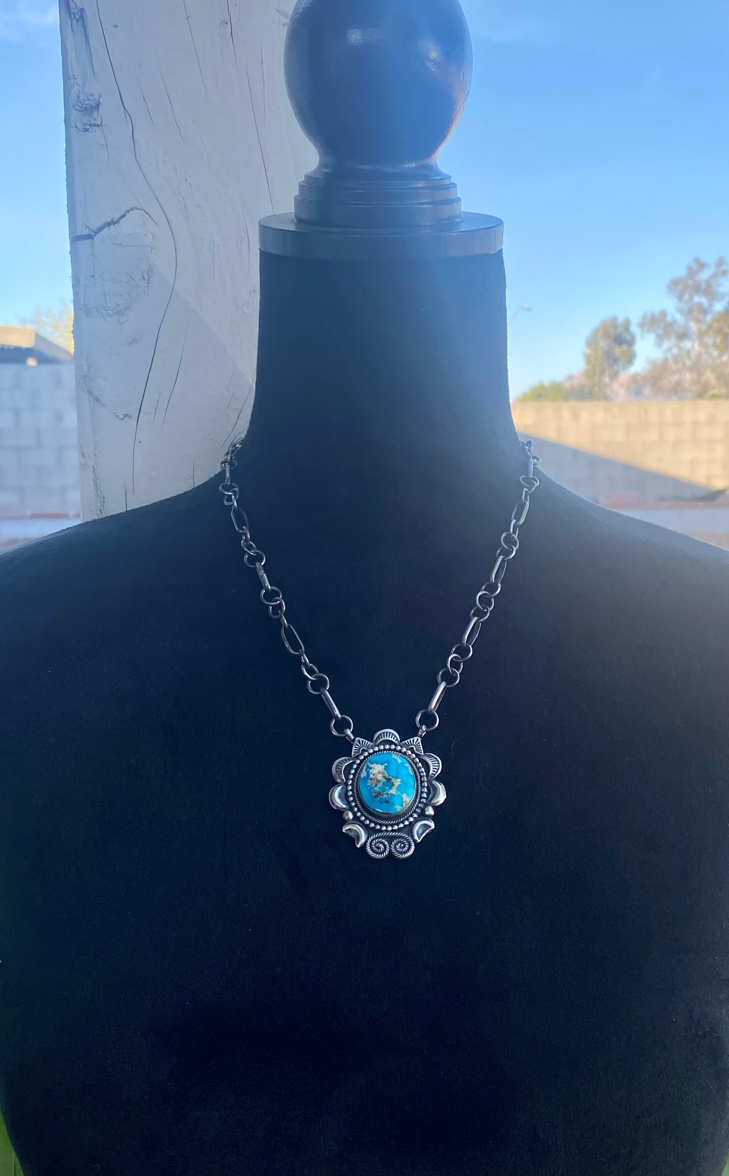 Navajo Made High Grade Blue Gem Turquoise & Sterling Silver Necklace