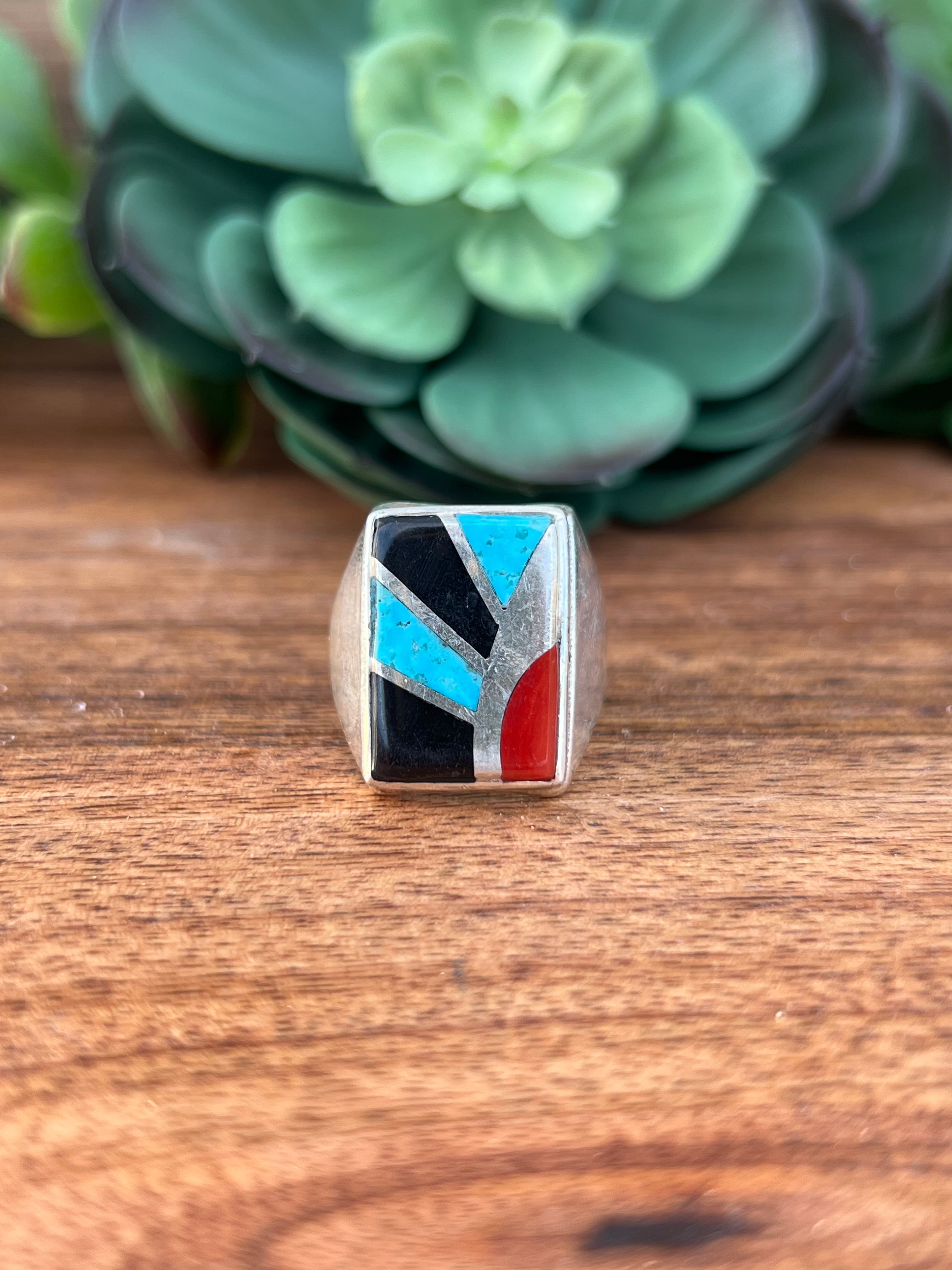 Navajo Made Multi Stone & Sterling Silver Inlay Men’s Ring Size 9.5