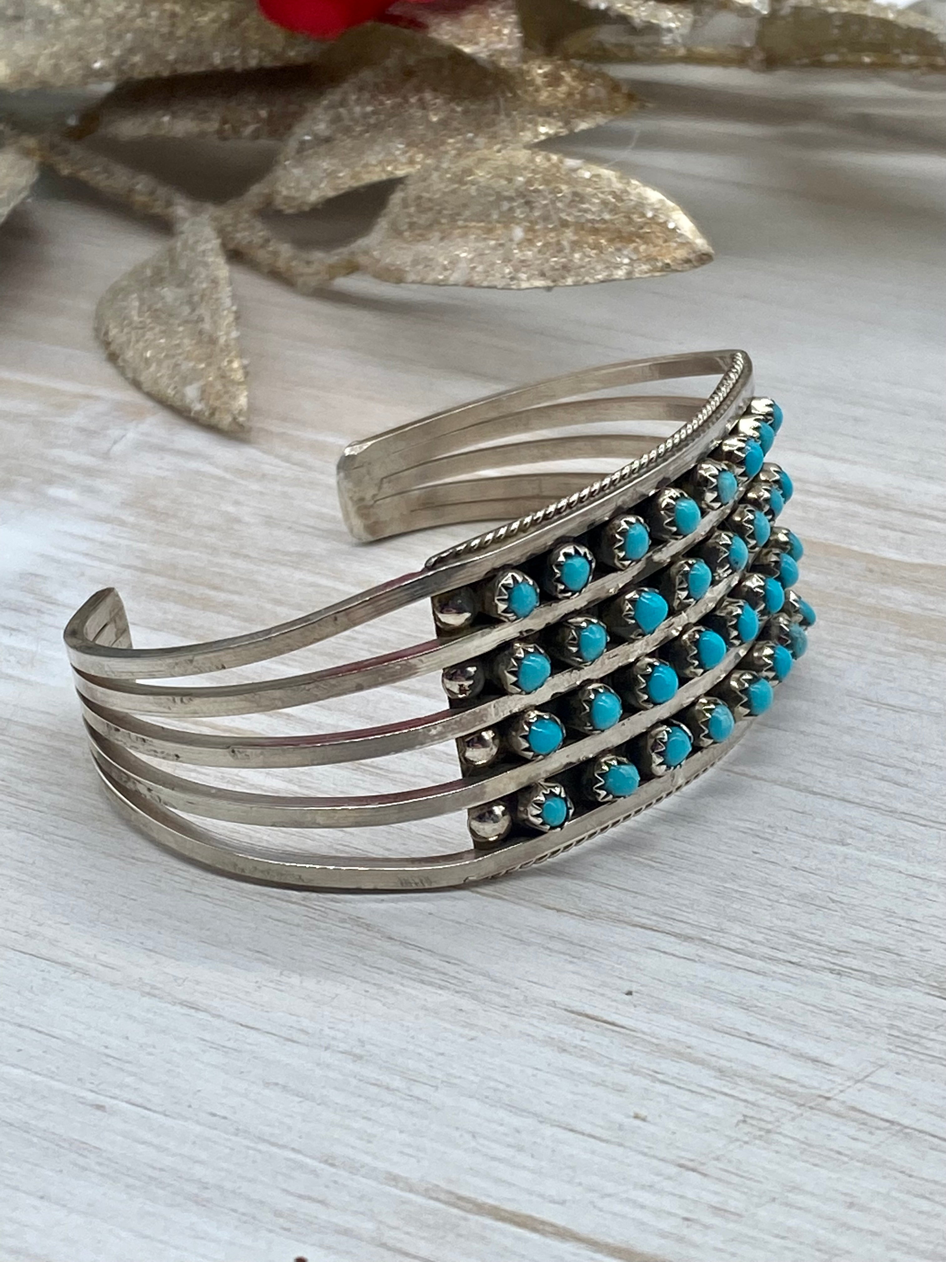 Zuni Made Turquoise & Sterling Silver Pettit Point Cuff Bracelet
