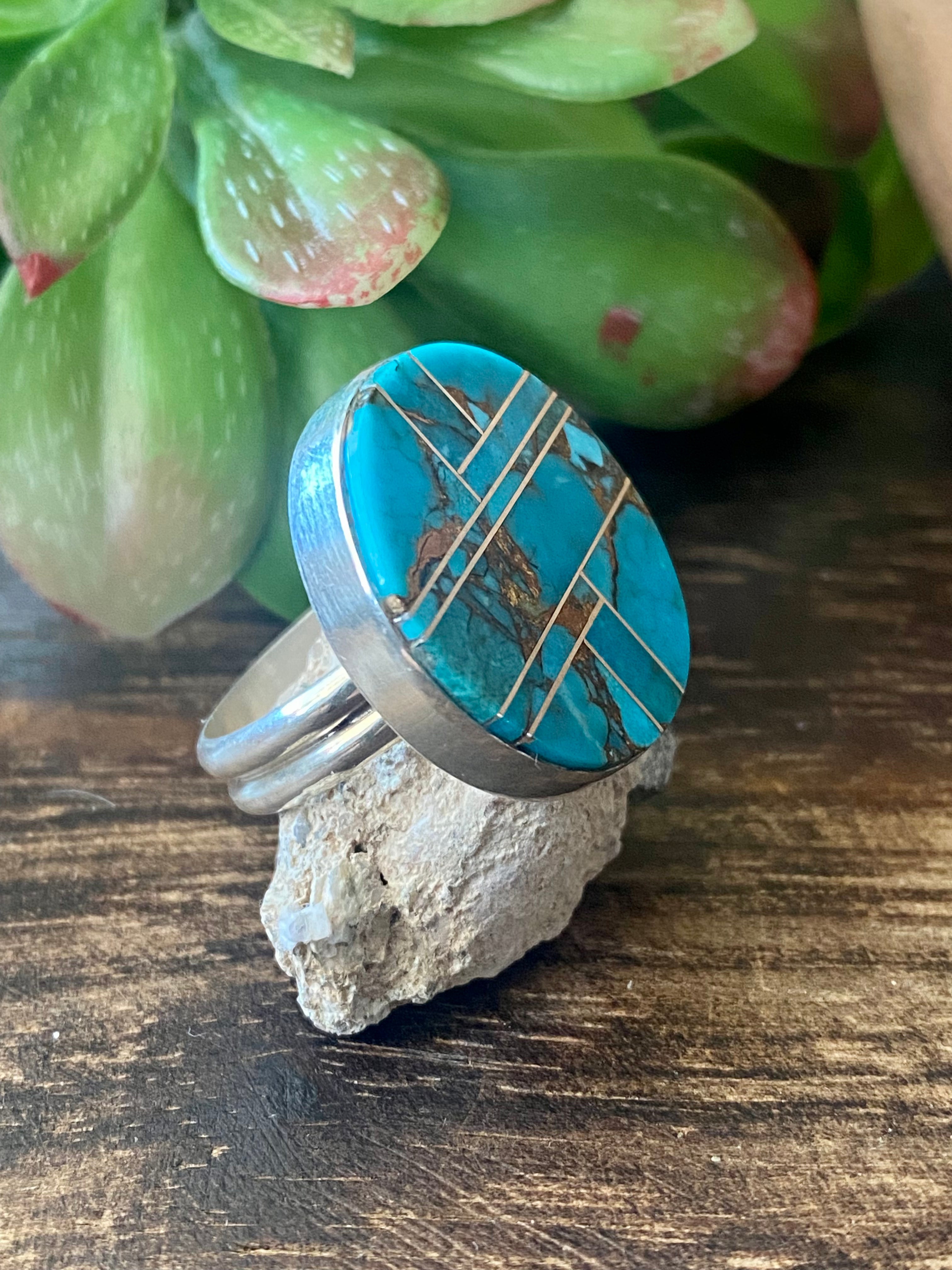 Navajo Made Mohave Turquoise & Sterling Silver Ring Size 9.5